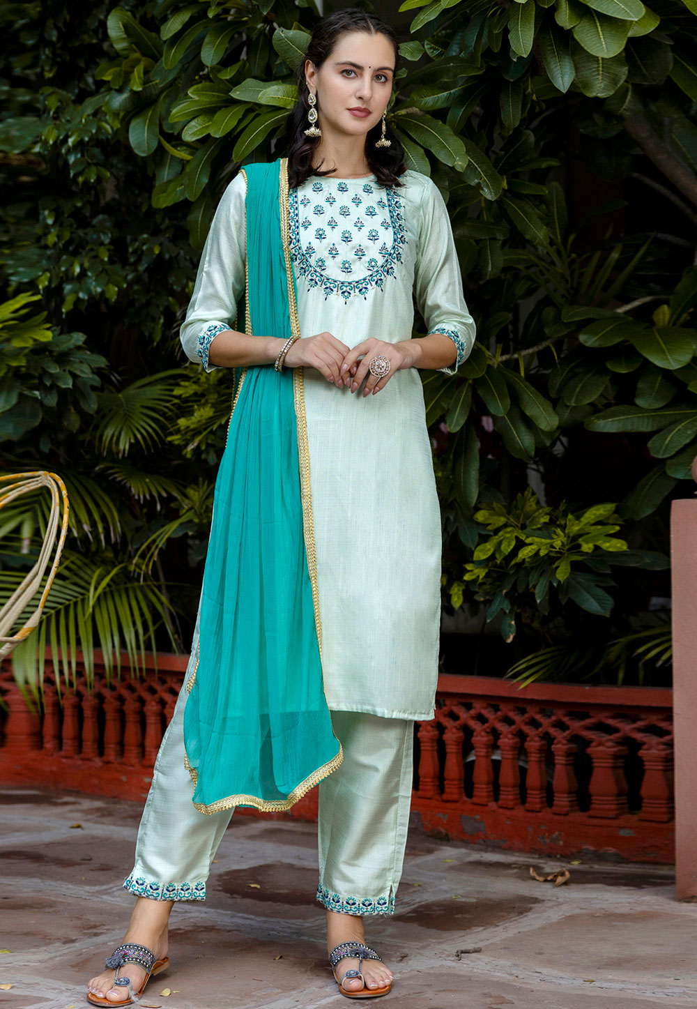 Sky Blue Cotton Silk Readymade Pakistani Suit 310318
