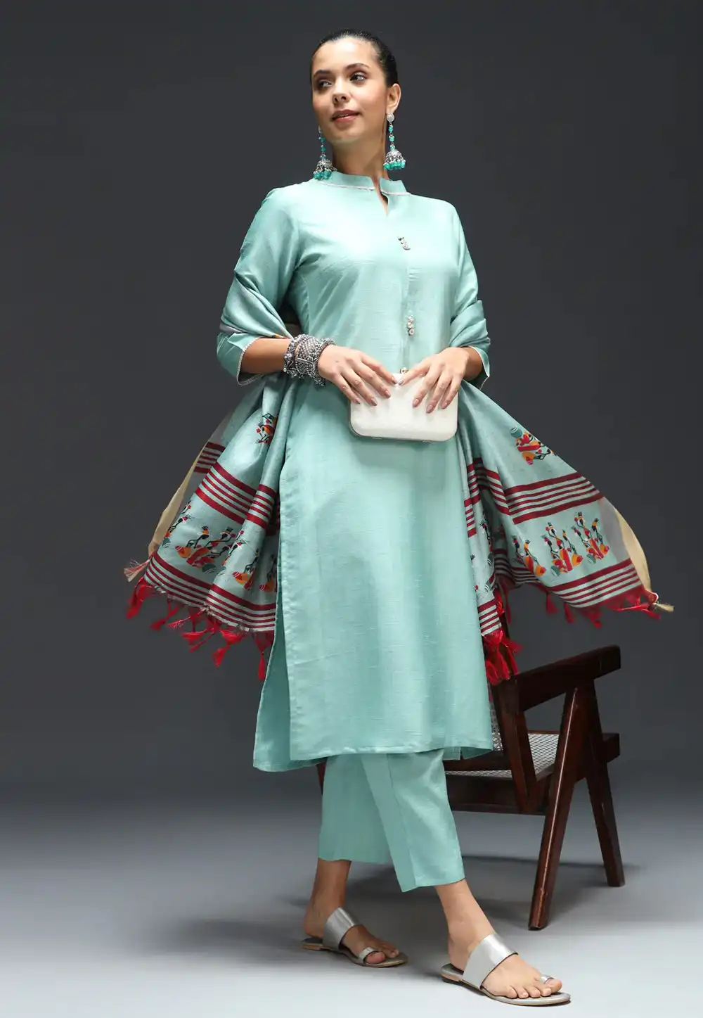 Sky Blue Cotton Silk Readymade Pant Style Suit 288503