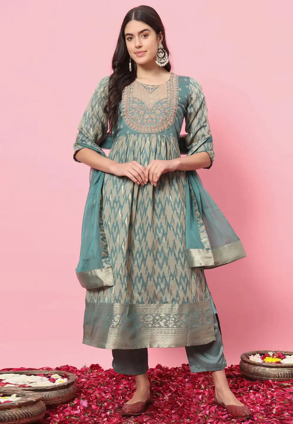 Sky Blue Cotton Silk Readymade Pant Style Suit 289361