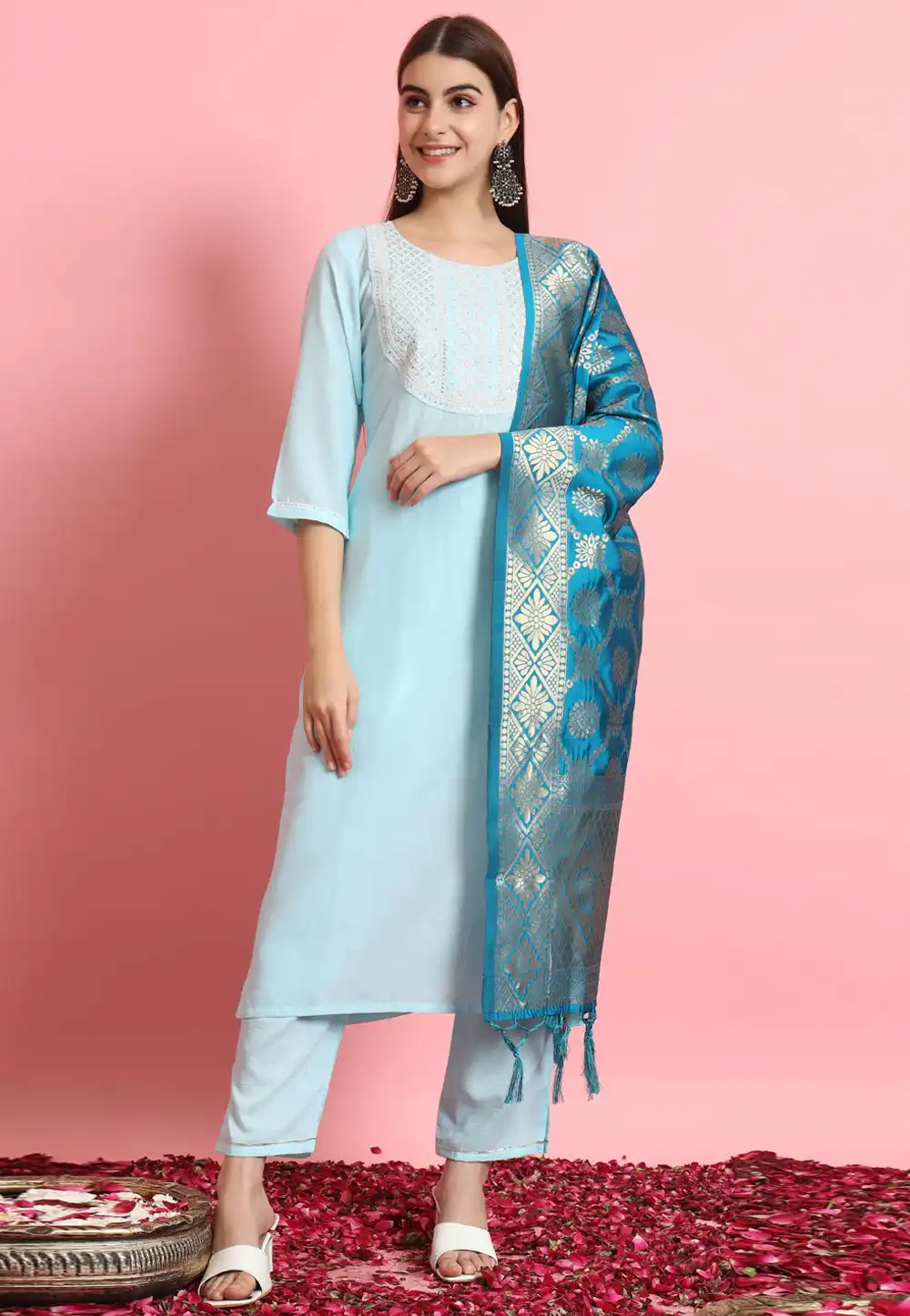 Sky Blue Cotton Silk Readymade Pant Style Suit 289458