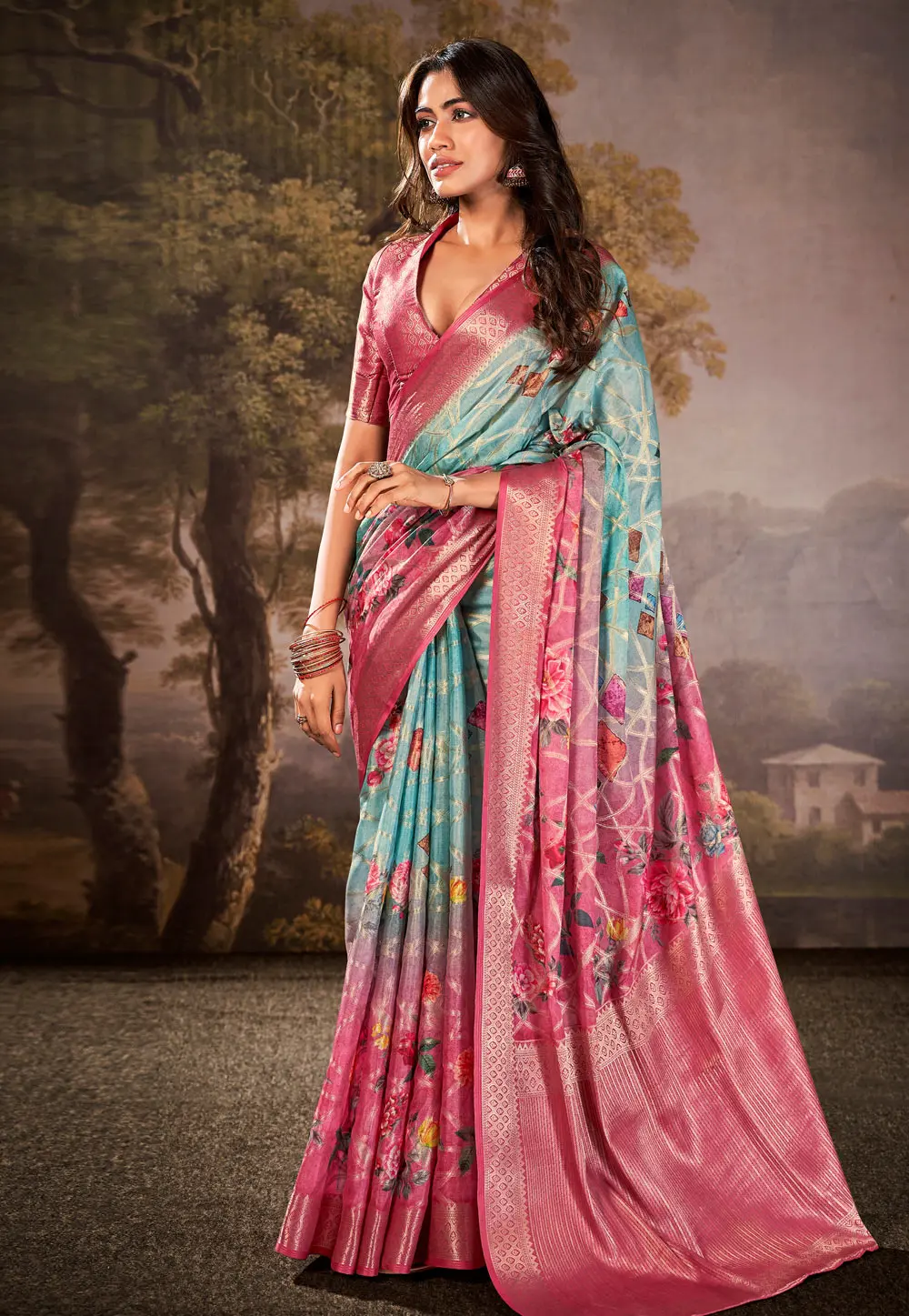 Sky Blue Cotton Silk Saree With Blouse 297263