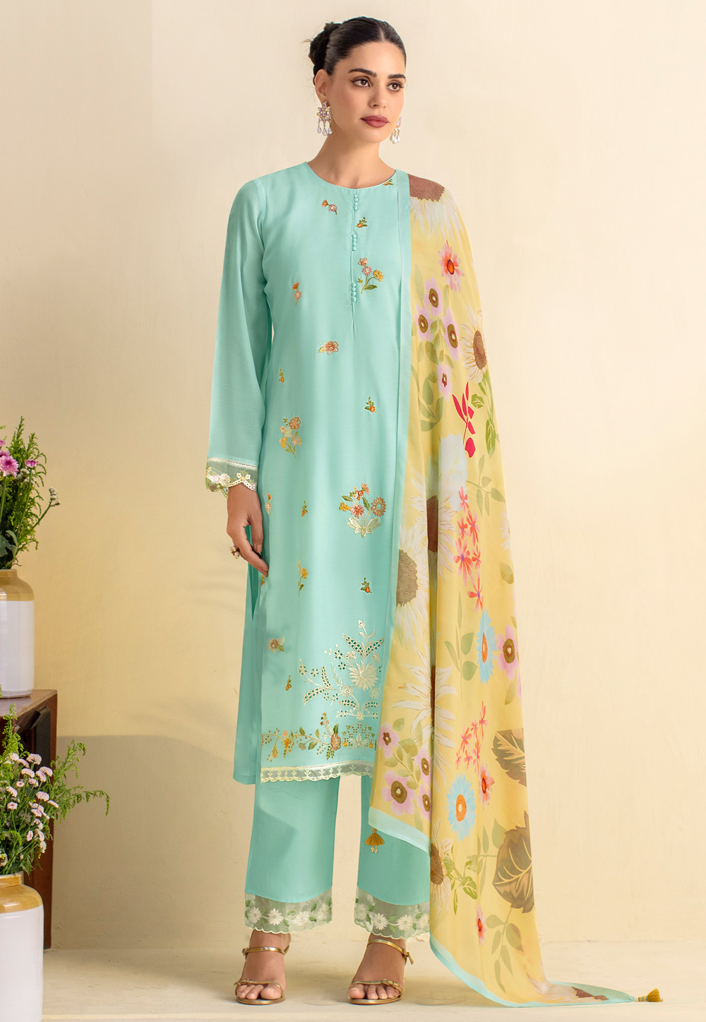 Sky Blue Cotton Straight Suit 310348