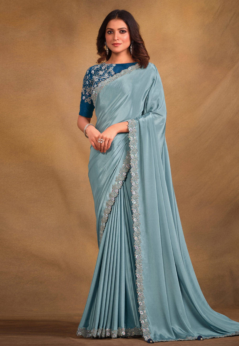 Sky Blue Crepe Georgette Saree With Blouse 287046