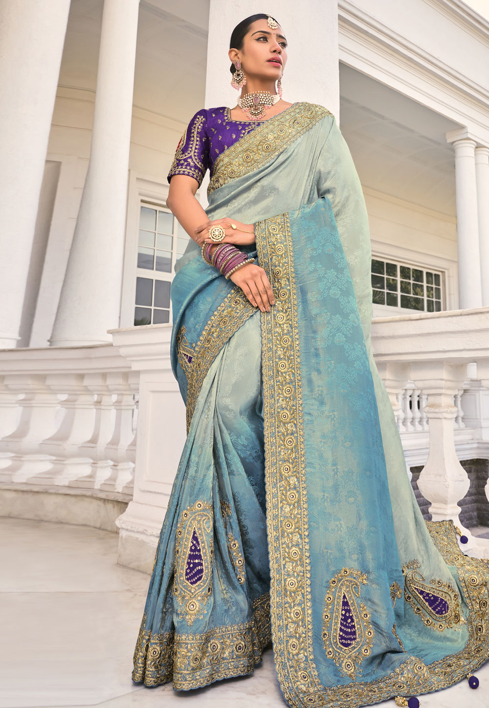 Sky Blue Crepe Jacquard Half N Half Saree 306554