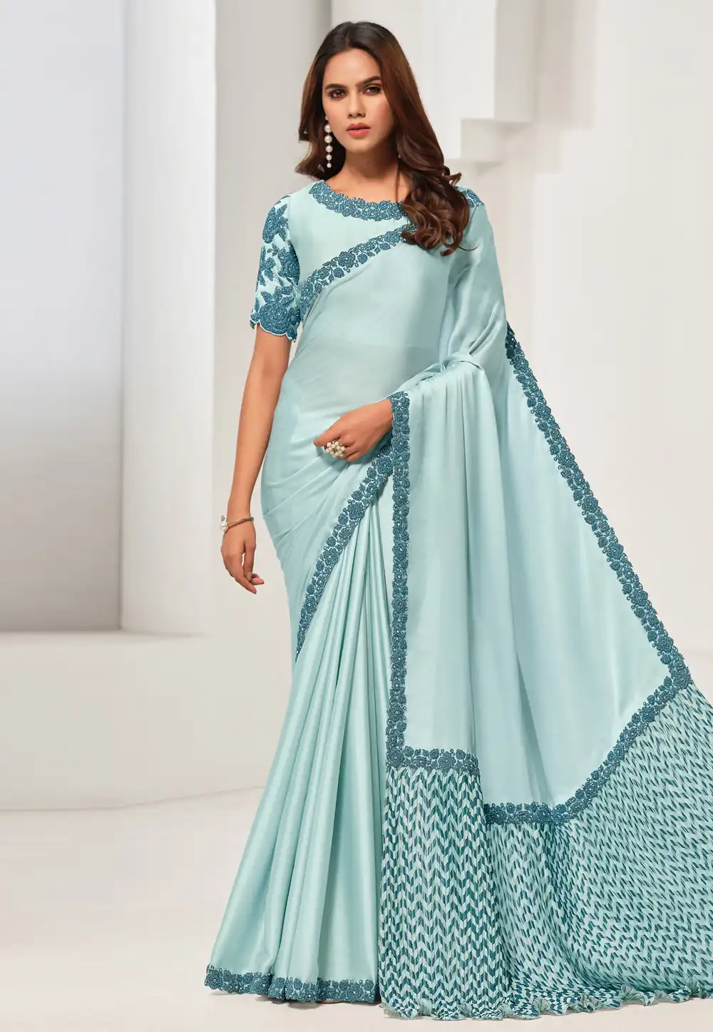 Sky Blue Crepe Saree With Blouse 293081