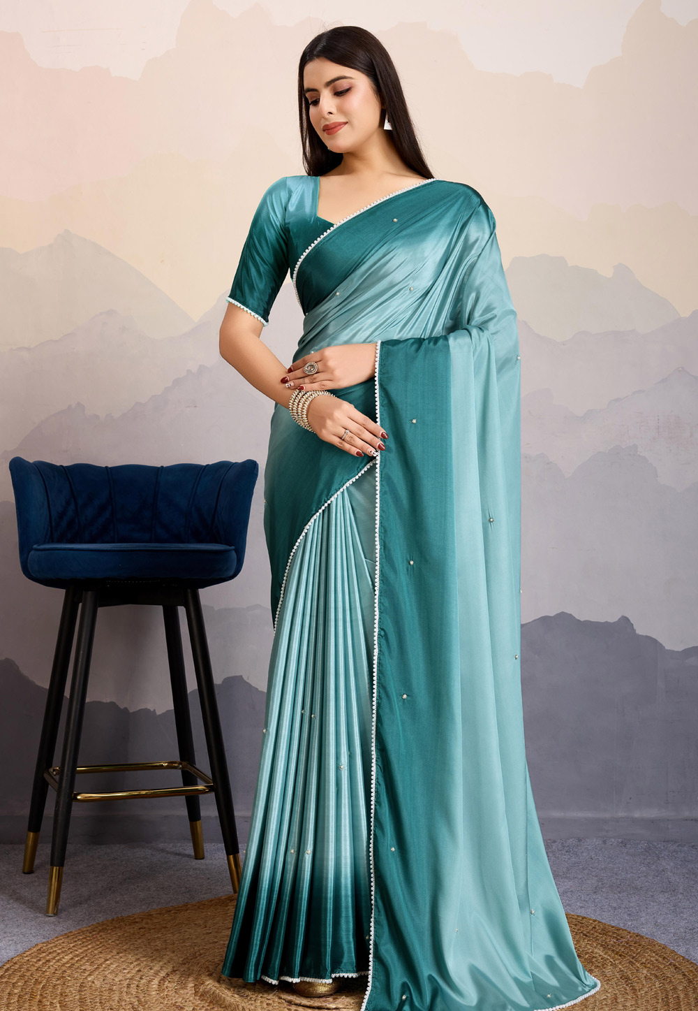 Sky Blue Crepe Satin Saree With Blouse 305892