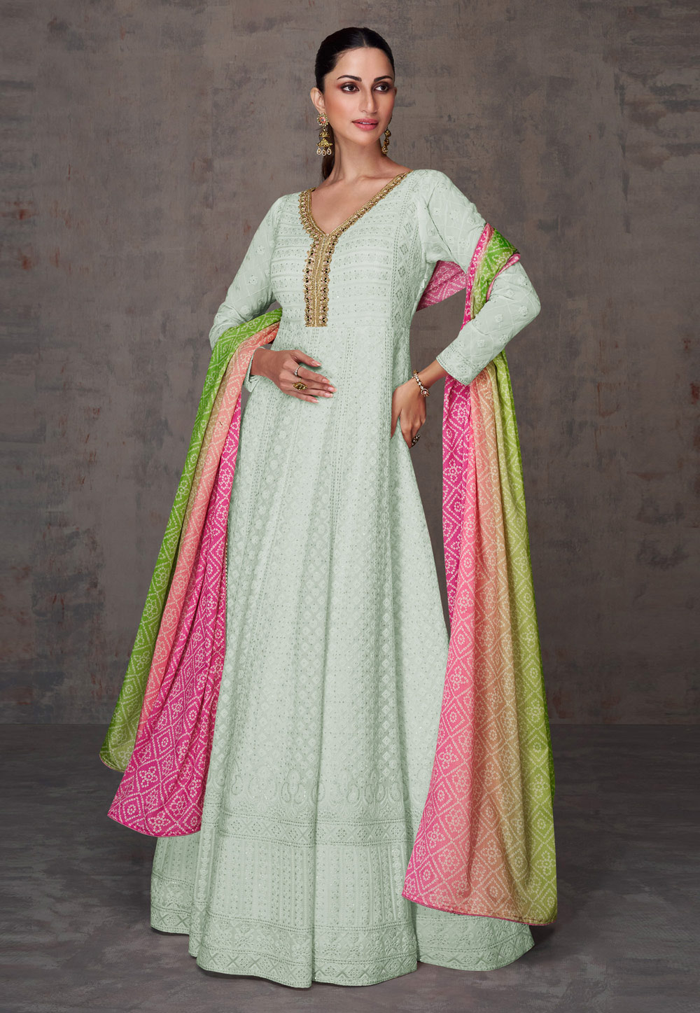 Sky Blue Faux Georgette Embroidered Long Anarkali Suit 280560