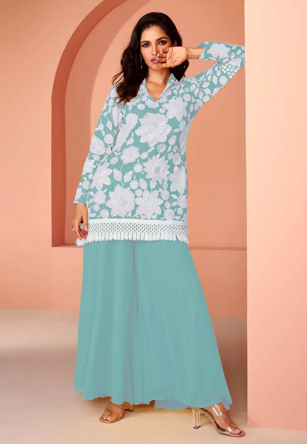 Sky Blue Faux Georgette Kurta Set With Palazzo 288291