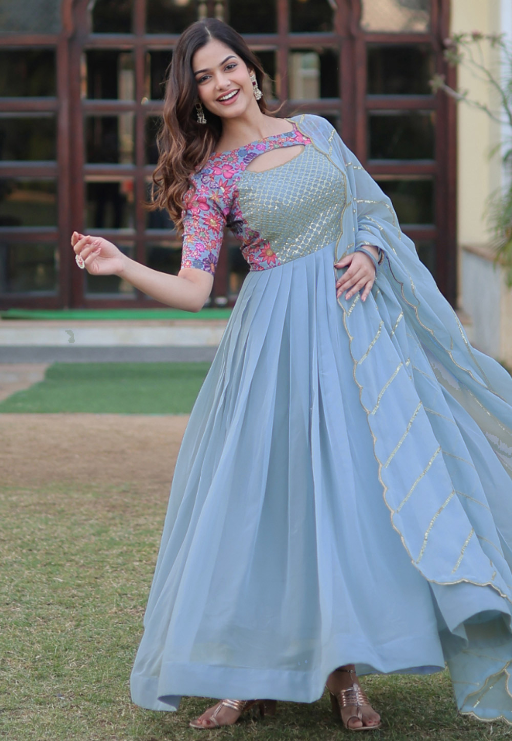 Sky Blue Faux Georgette Readymade Anarkali Suit 283102