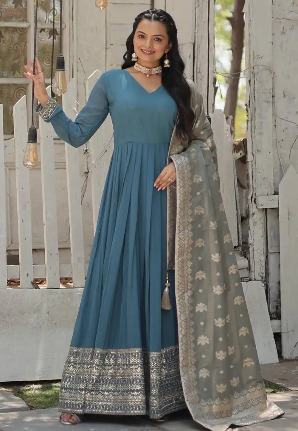 Sky Blue Faux Georgette Readymade Anarkali Suit 291217