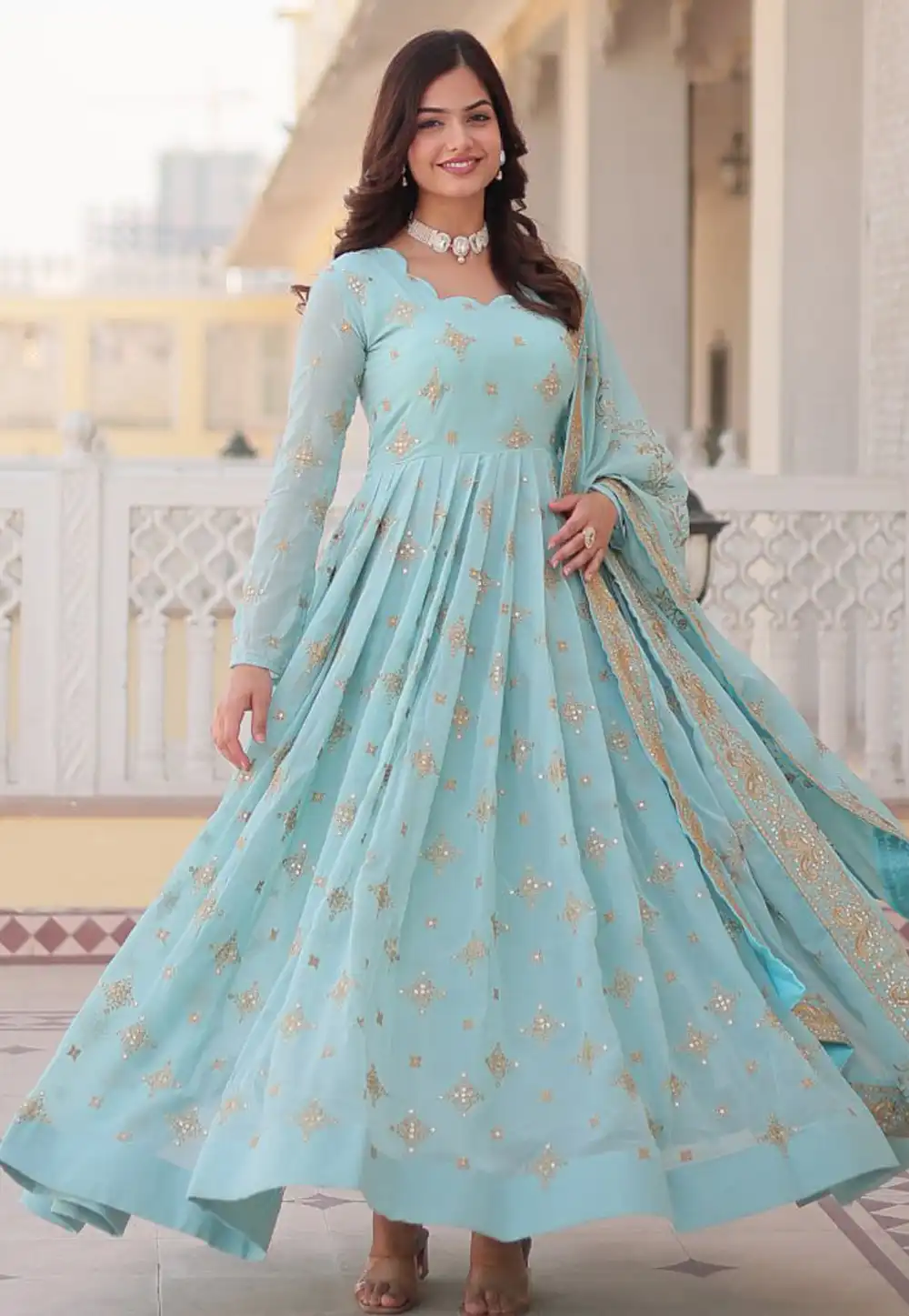 Sky Blue Faux Georgette Readymade Long Anarkali Suit 288032