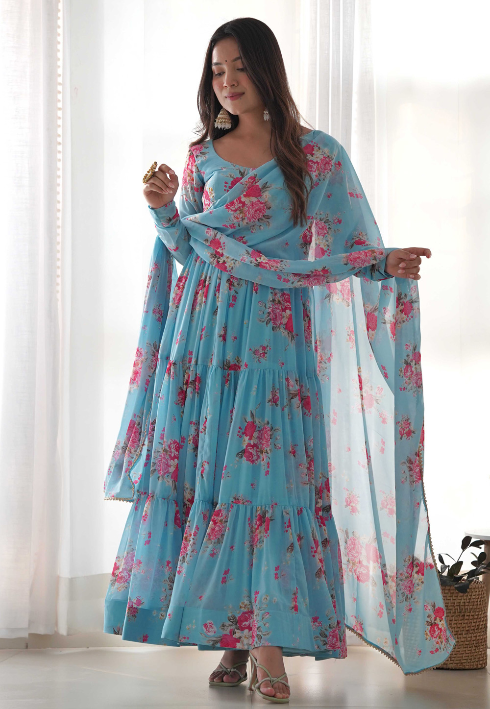 Sky Blue Faux Georgette Readymade Long Anarkali Suit 286578