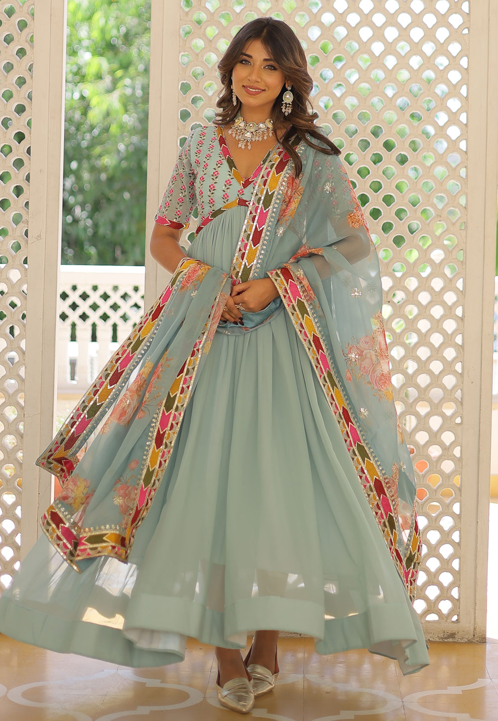 Sky Blue Faux Georgette Readymade Long Anarkali Suit 287311