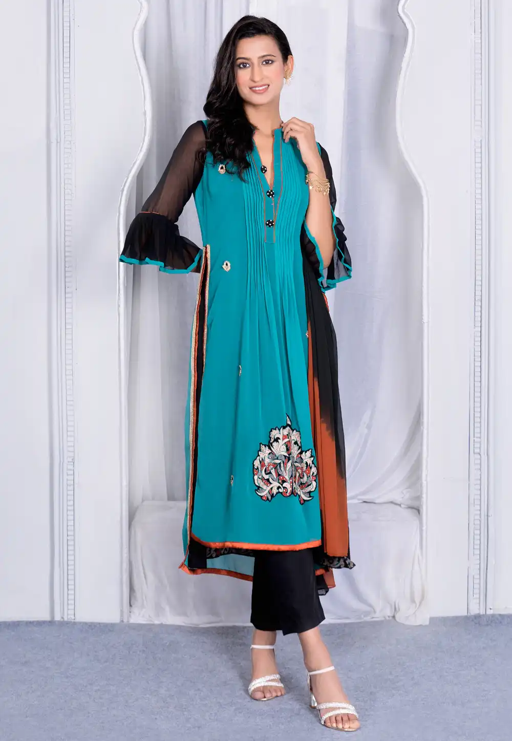 Sky Blue Faux Georgette Readymade Pant Style Suit 290046