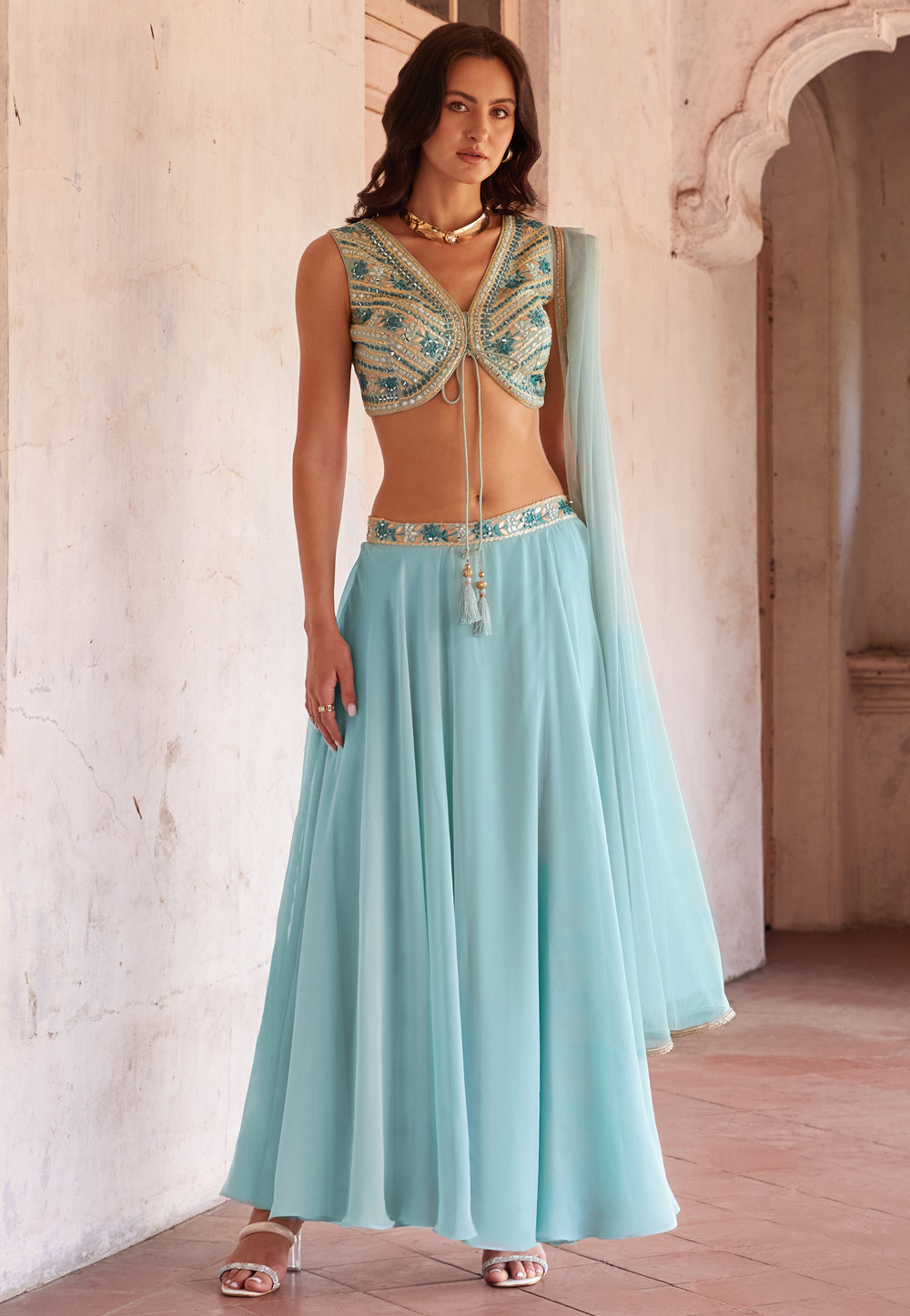 Sky Blue Georgette A Line Lehenga Choli 286531