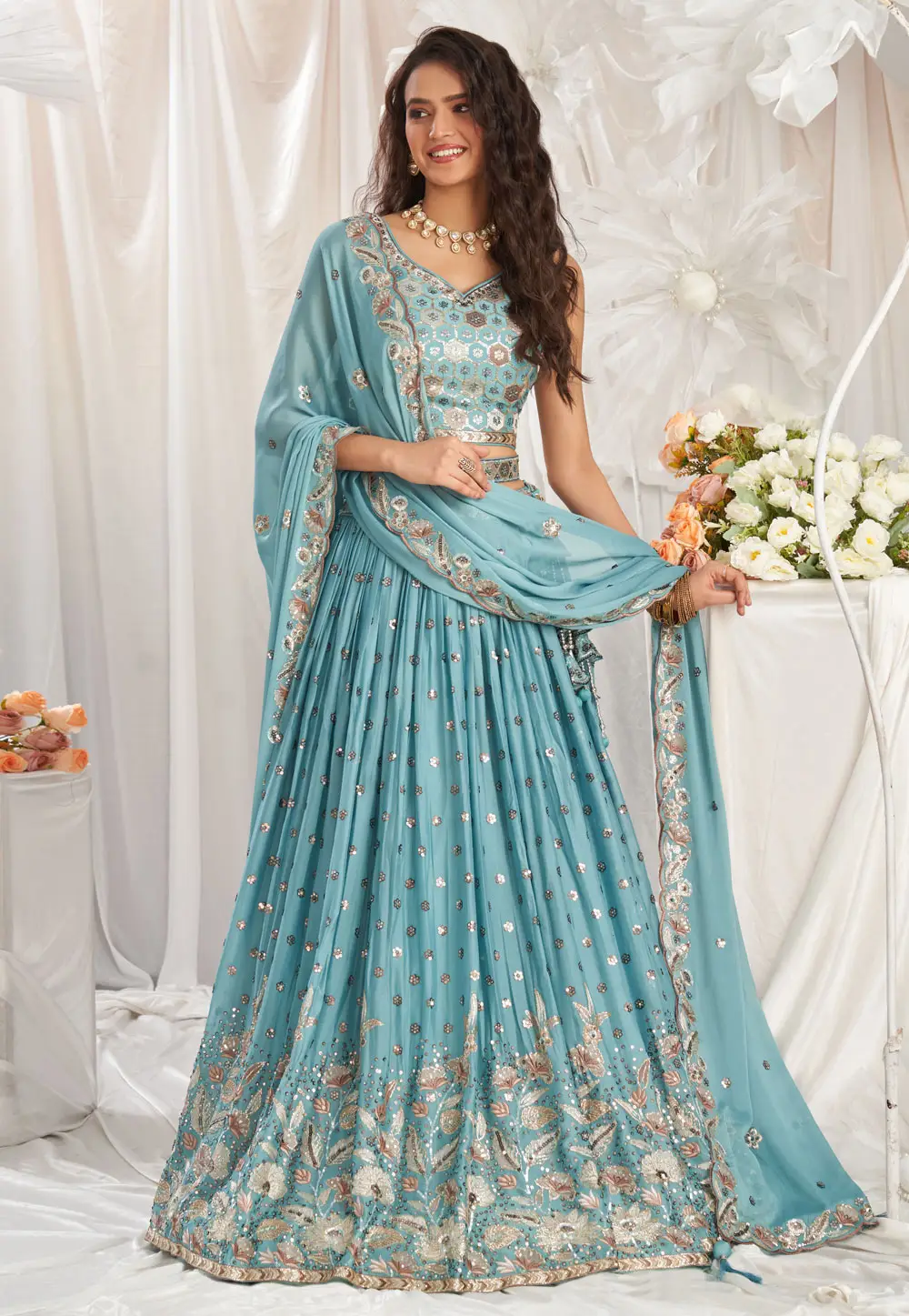 Sky Blue Georgette Circular Lehenga Choli 295393