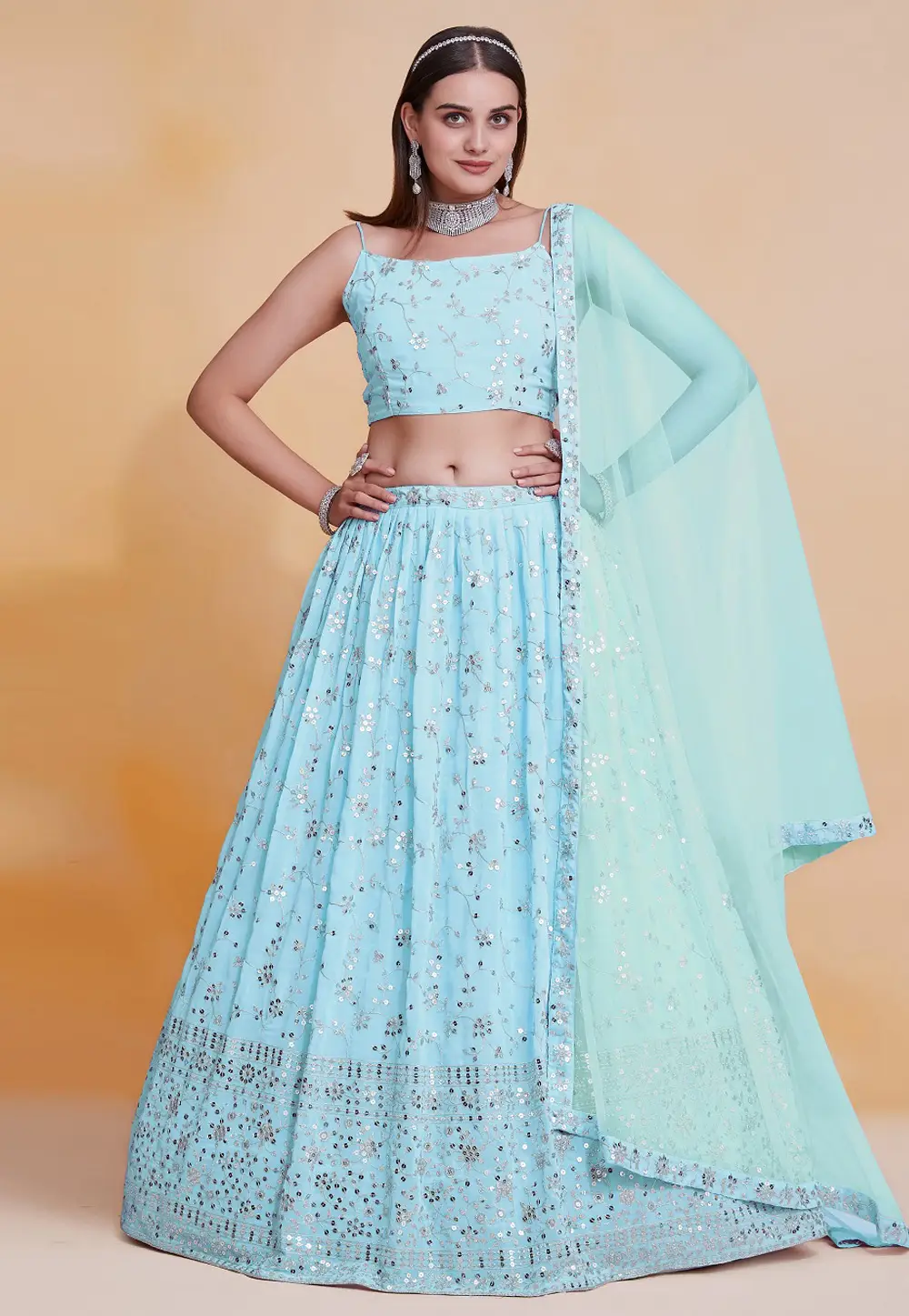 Sky Blue Georgette Lehenga Choli 296561