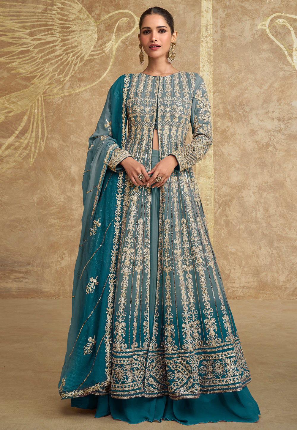 Sky Blue Georgette Long Choli Lehenga 310506