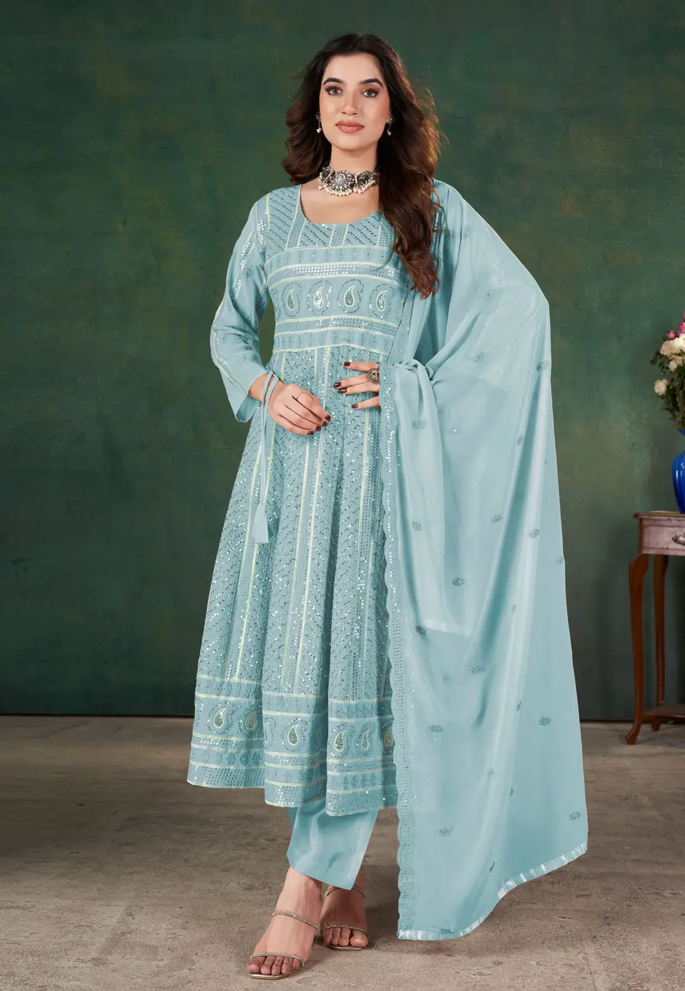 Sky Blue Georgette Pant Style Suit 296577