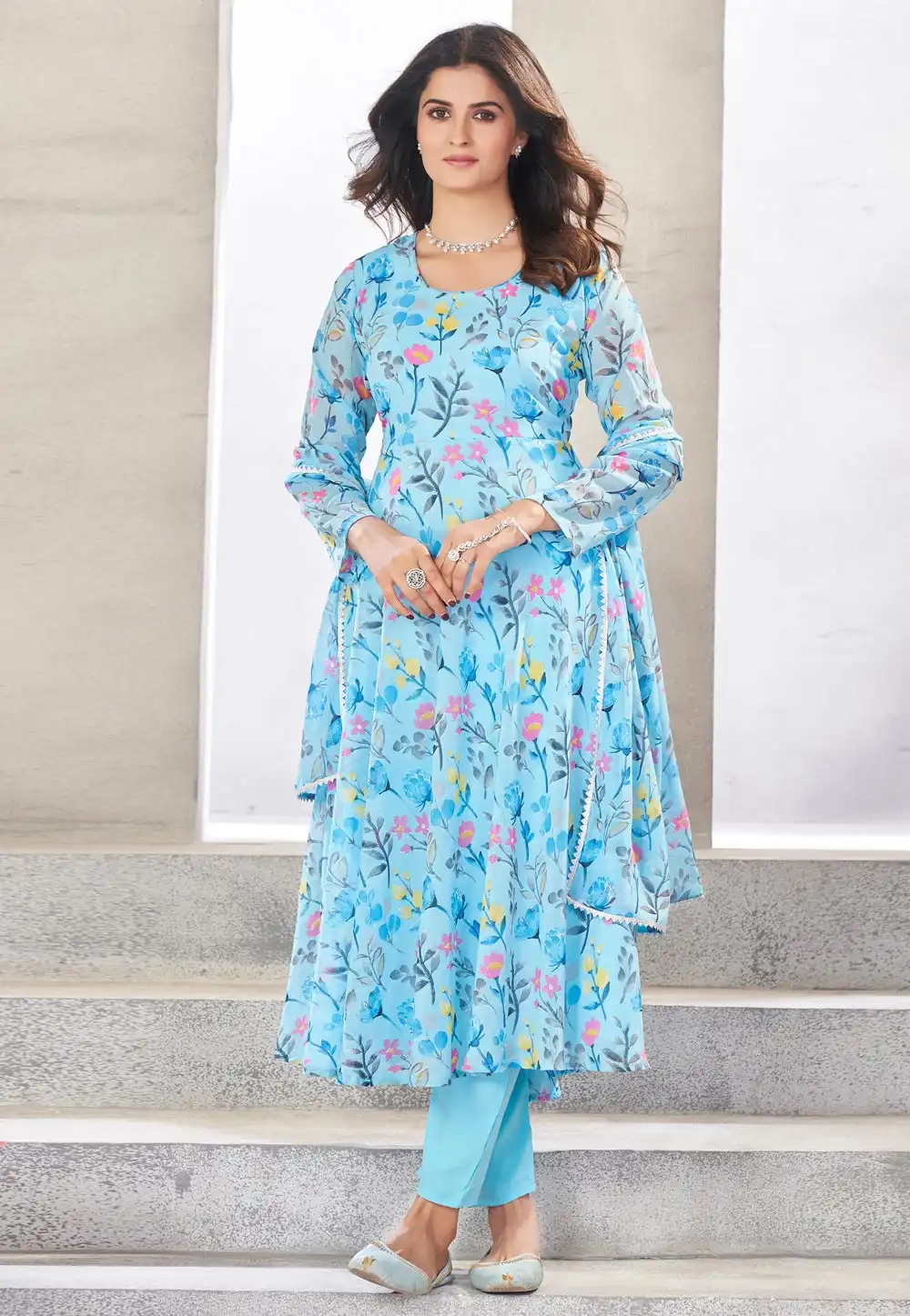 Sky Blue Georgette Readymade Anarkali Suit 290920