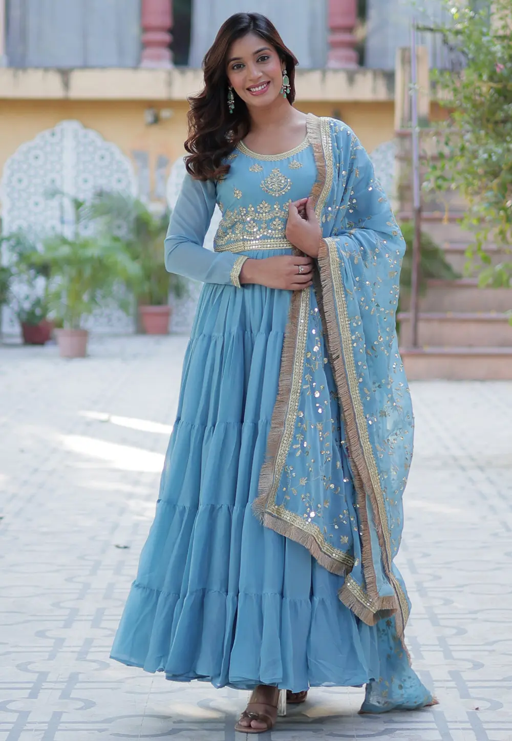 Sky Blue Georgette Readymade Long Anarkali Suit 303999