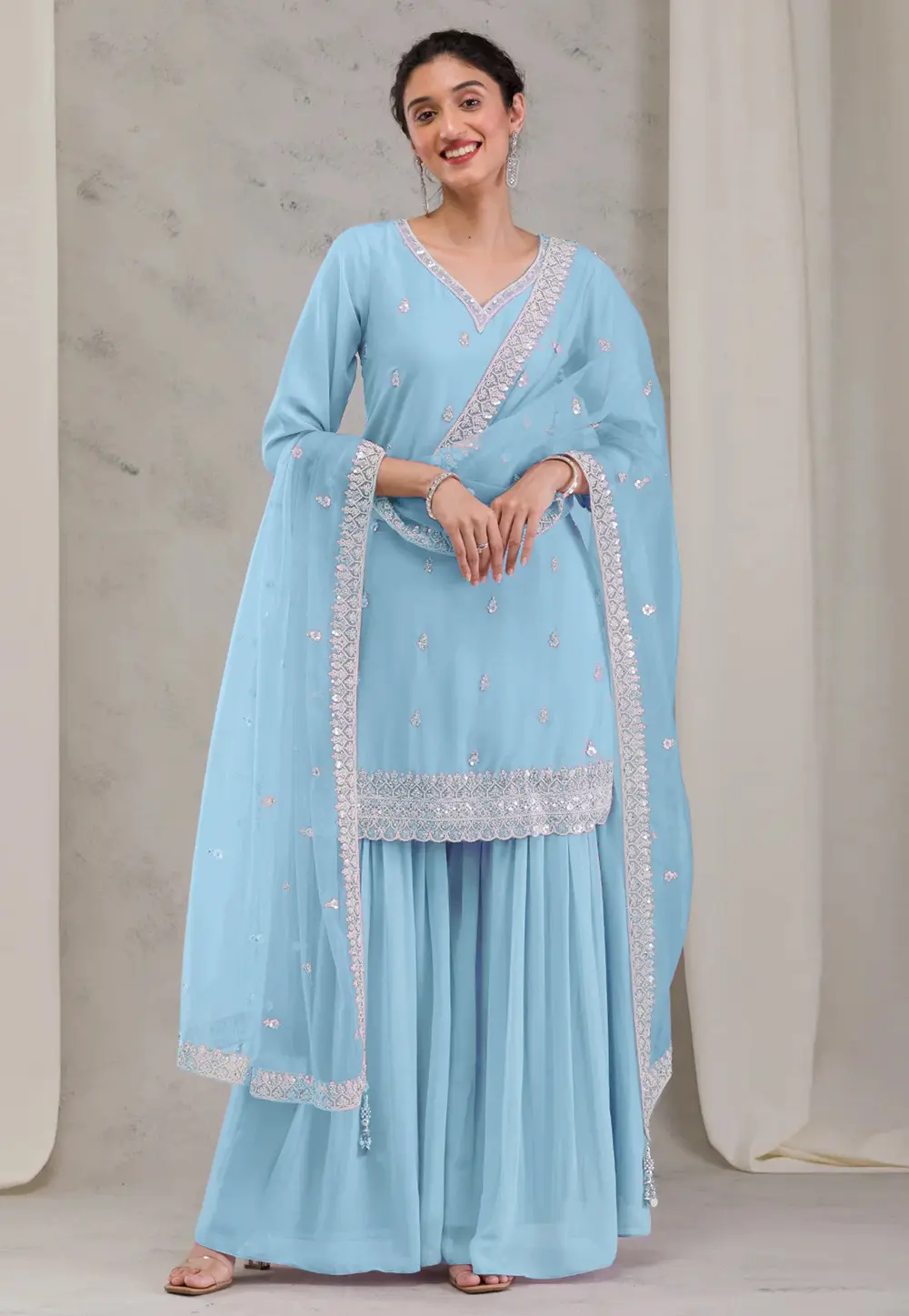 Sky Blue Georgette Readymade Palazzo Suit 304422