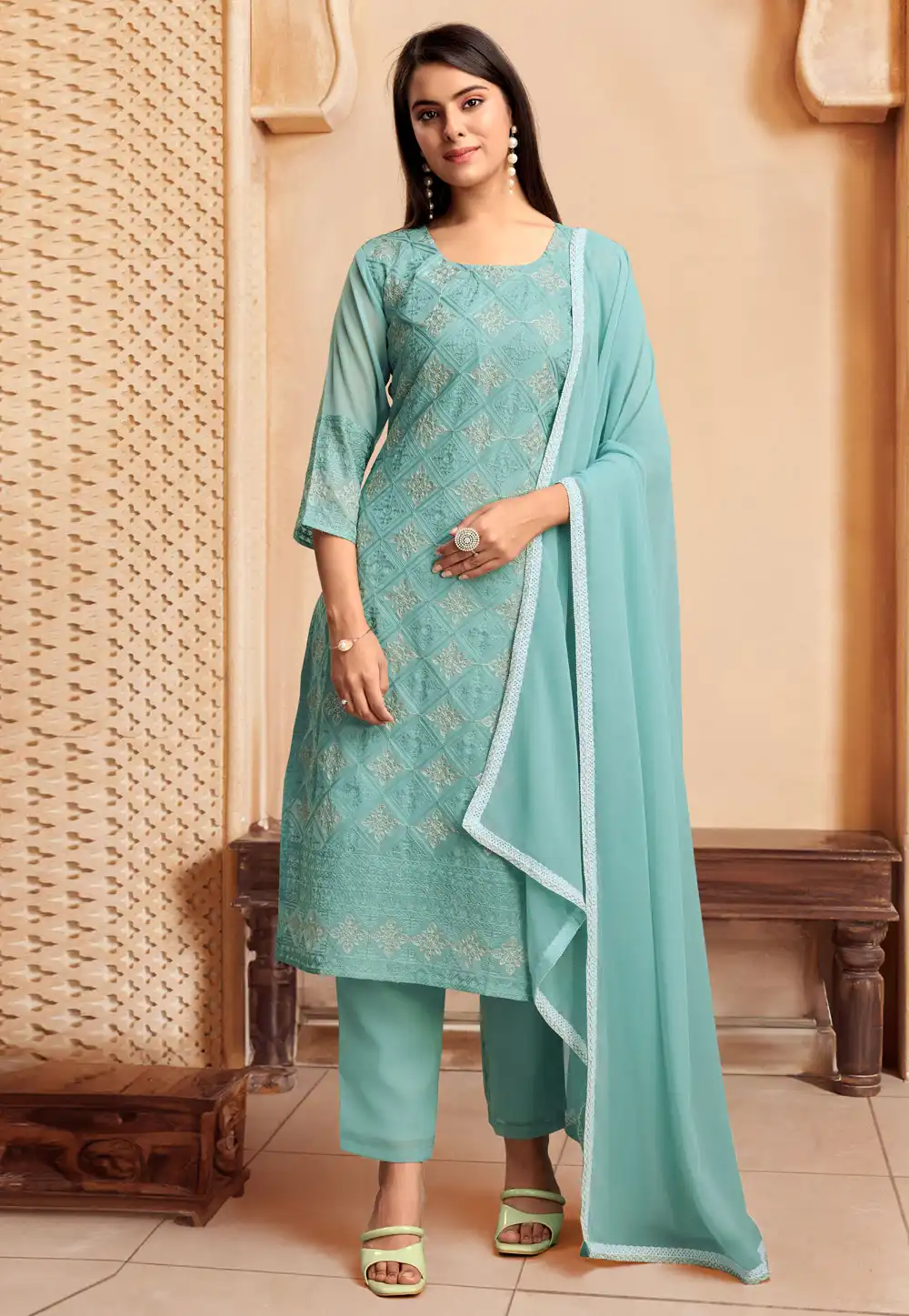 Sky Blue Georgette Readymade Pant Style Suit 291634