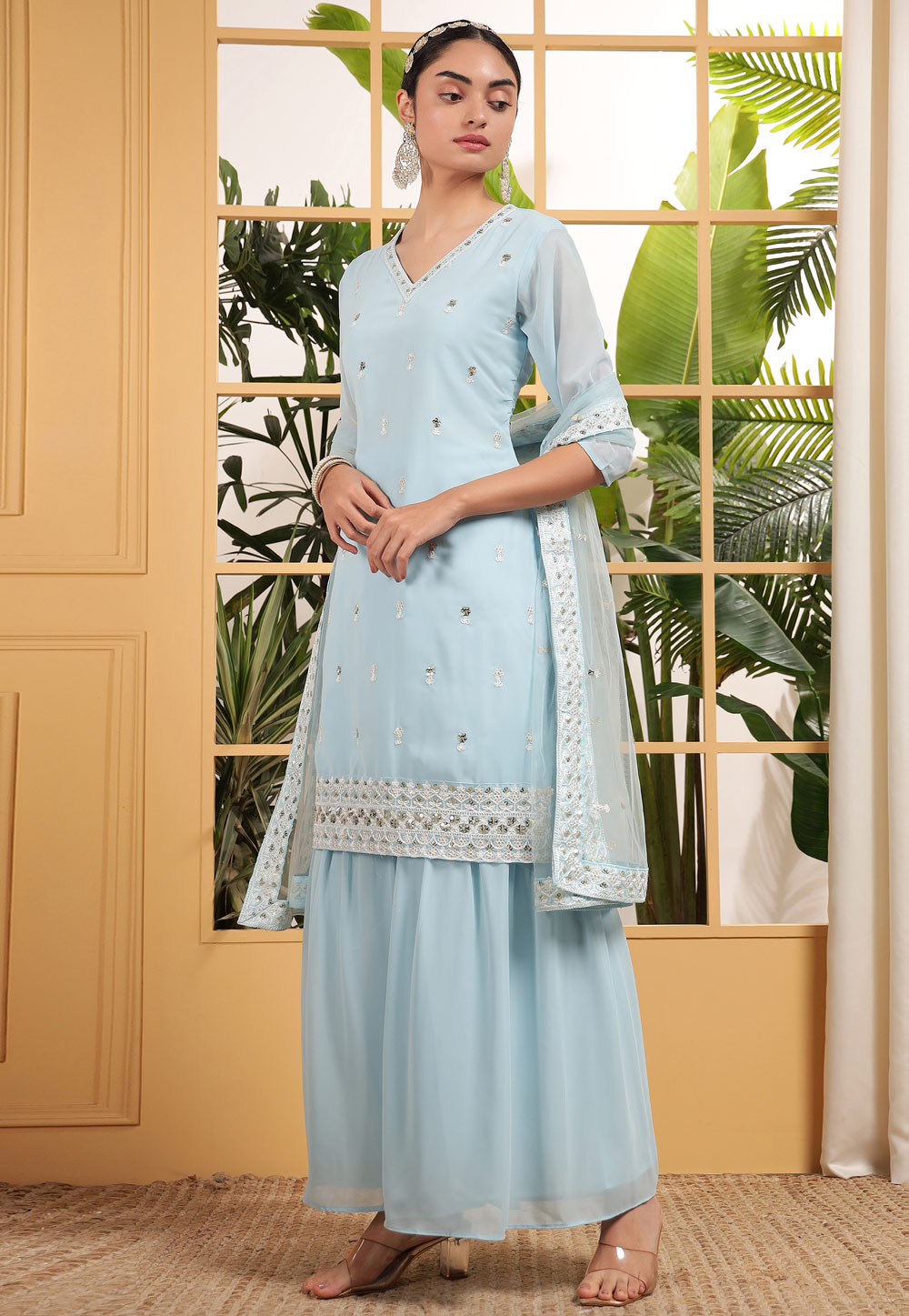 Sky Blue Georgette Readymade Sharara Suit 305703