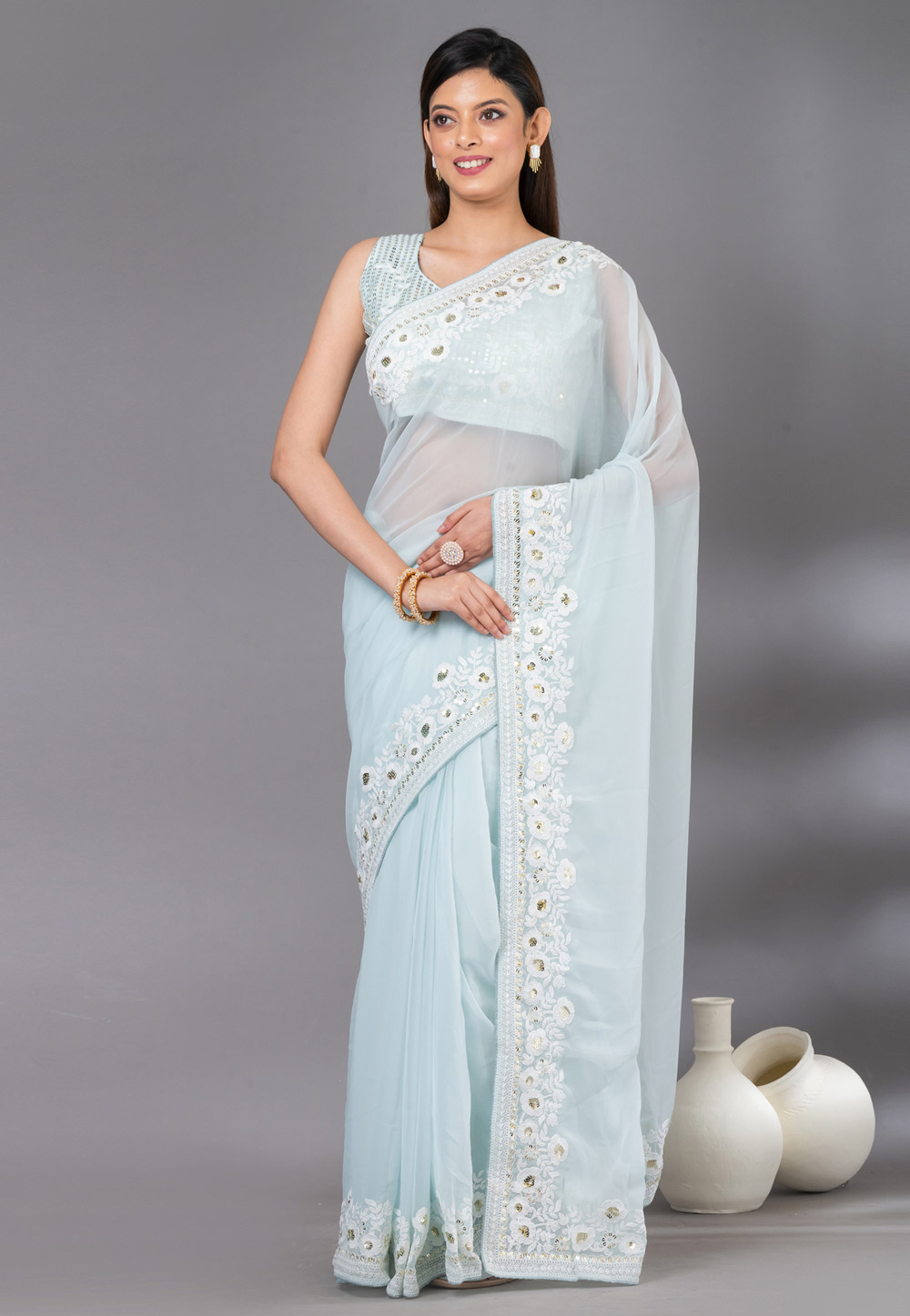 Sky Blue Georgette Saree With Blouse 279020