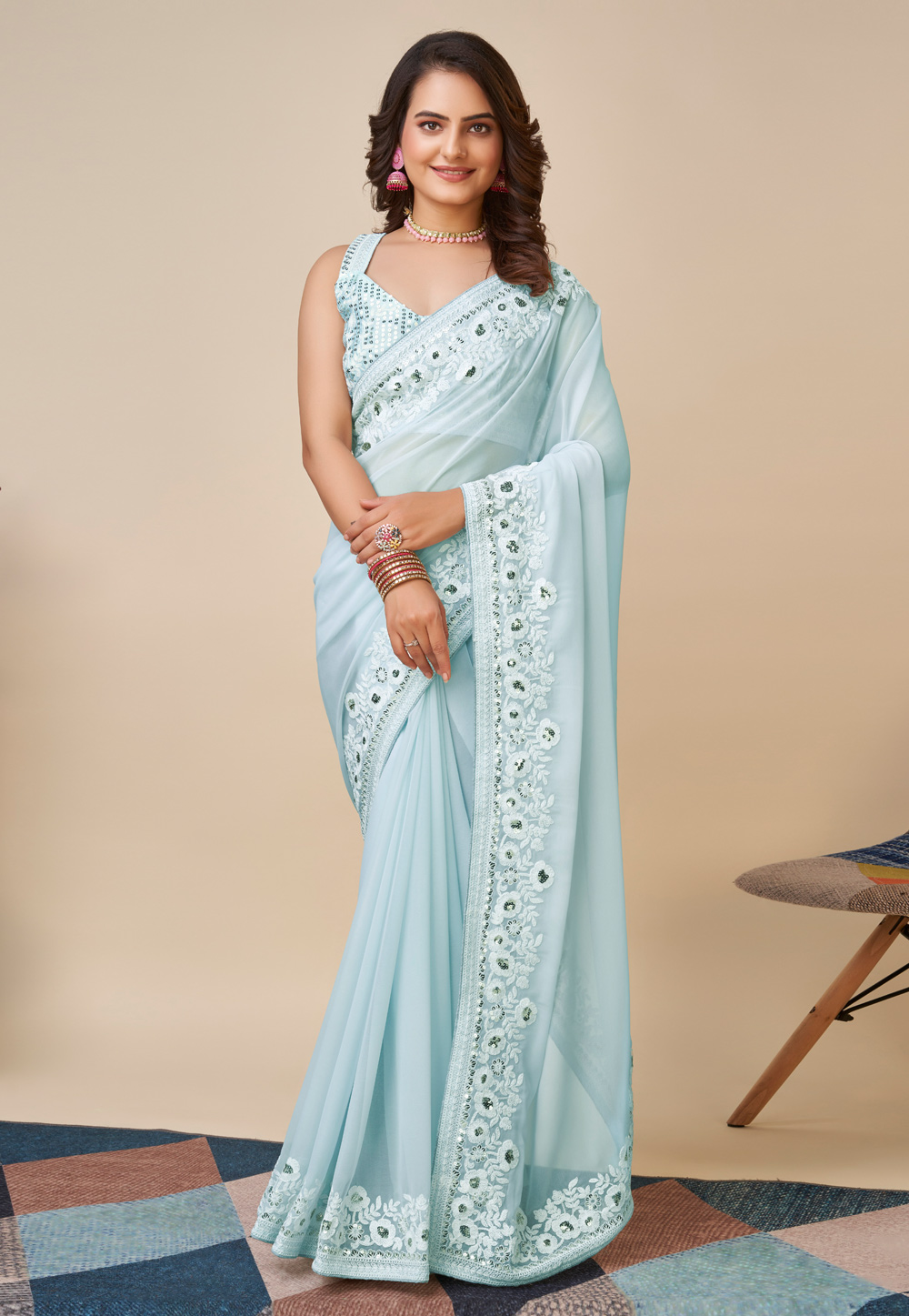 Sky Blue Georgette Saree With Blouse 279330