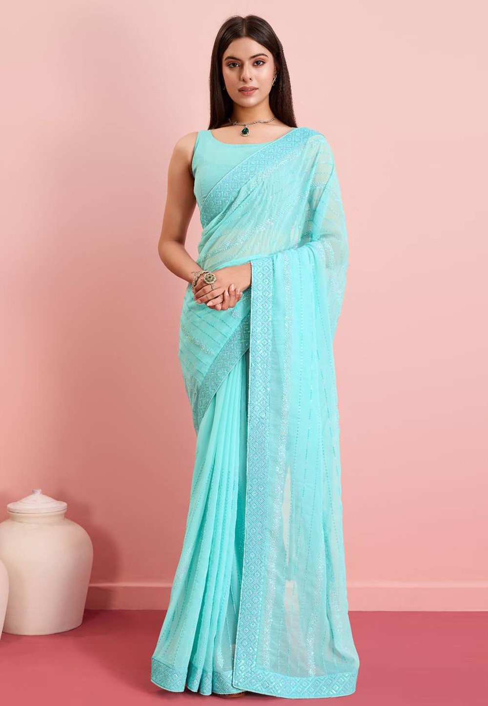 Sky Blue Georgette Saree With Blouse 286817
