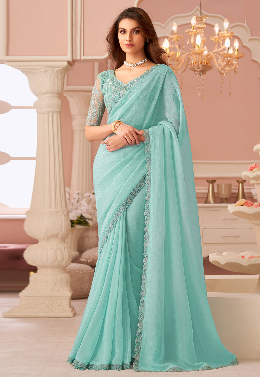 Sky Blue Georgette Saree With Blouse 306261