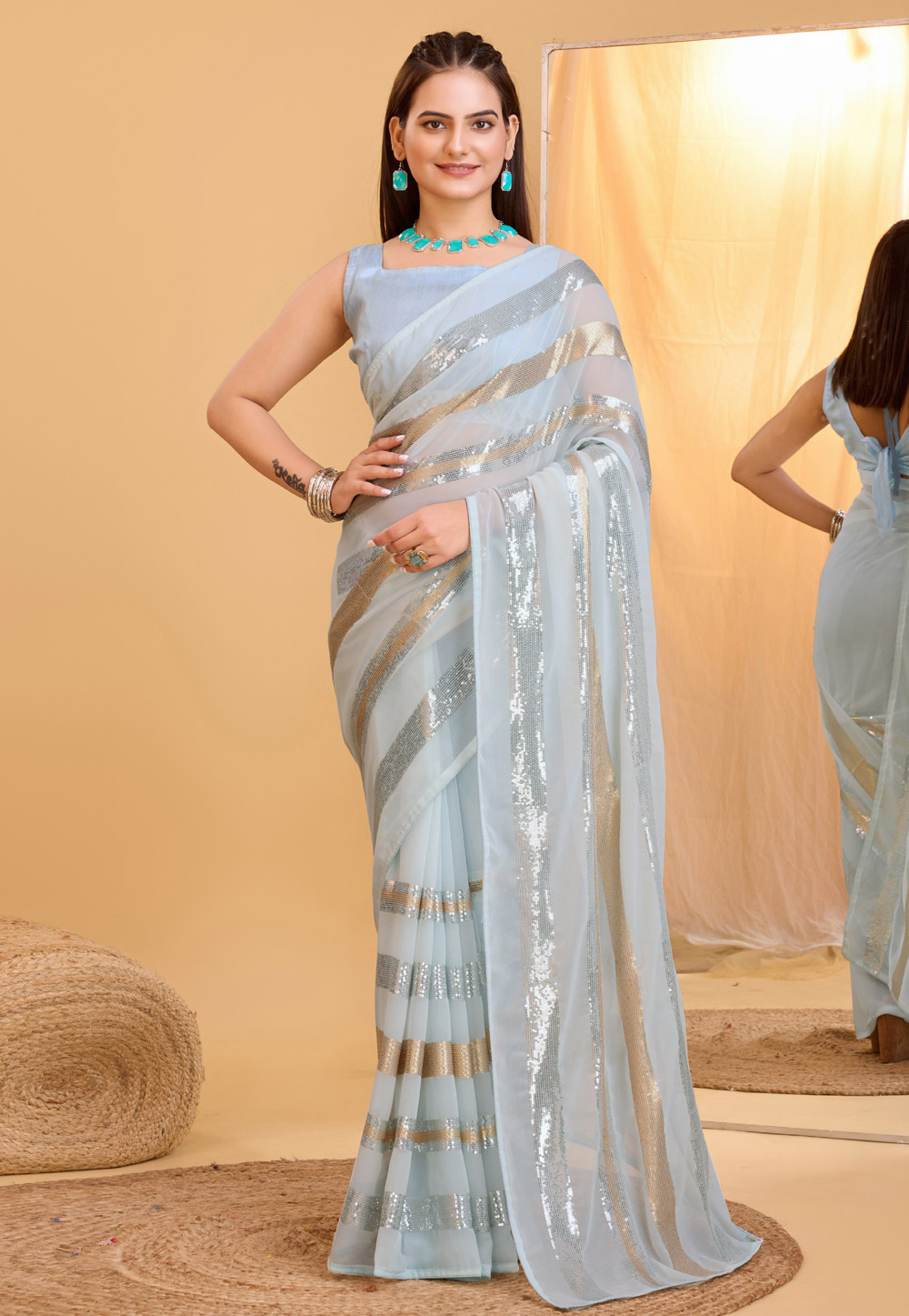 Sky Blue Georgette Saree With Blouse 283761