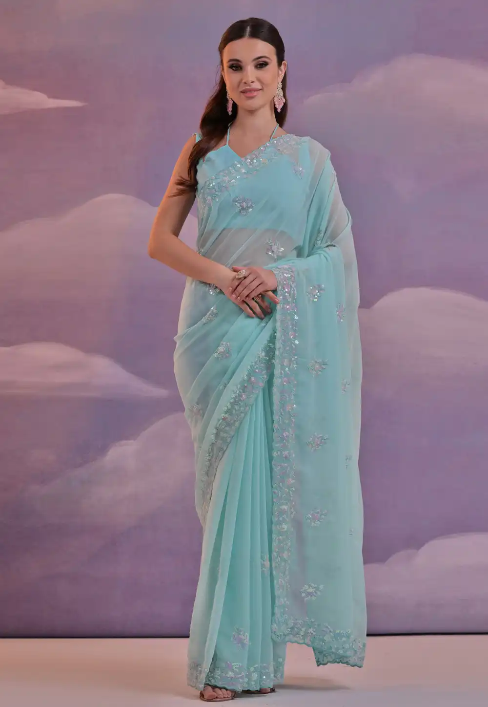 Sky Blue Georgette Saree With Blouse 288353