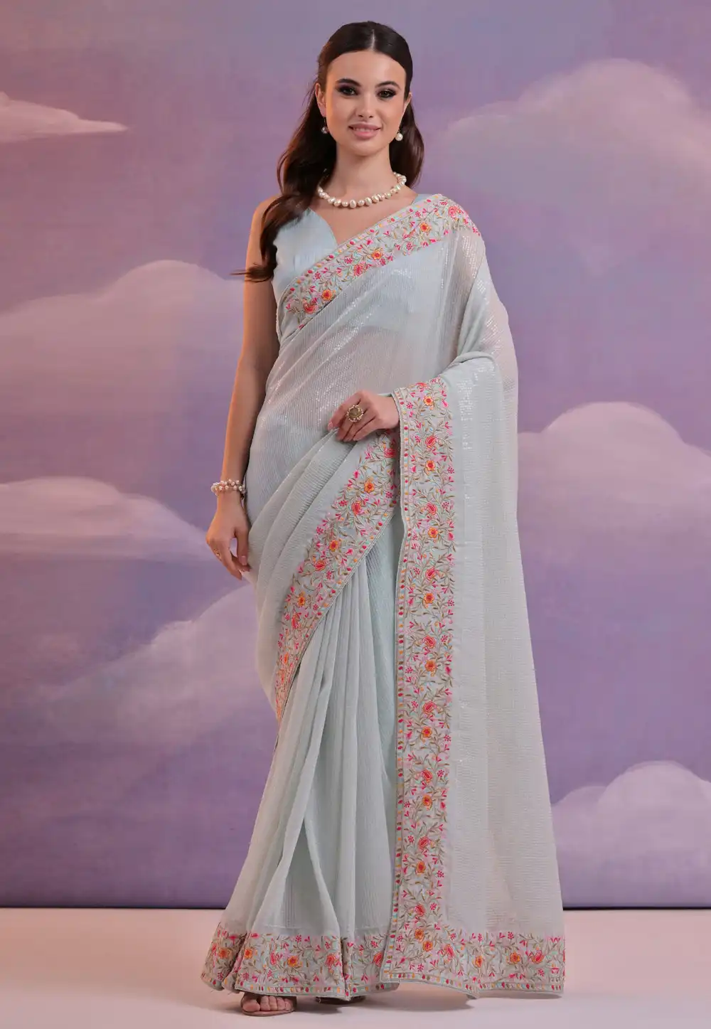 Sky Blue Georgette Saree With Blouse 289036