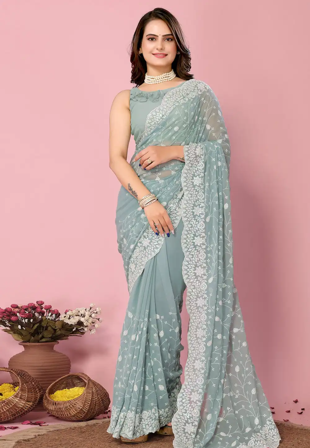 Sky Blue Georgette Saree With Blouse 289055