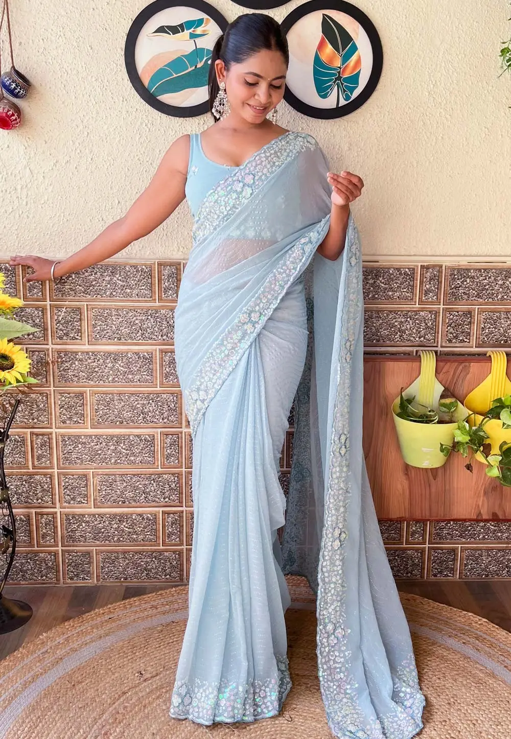 Sky Blue Georgette Saree With Blouse 295490