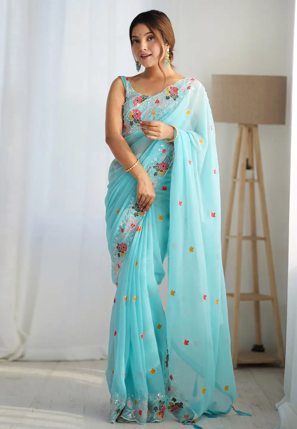 Sky Blue Georgette Saree With Blouse 296268