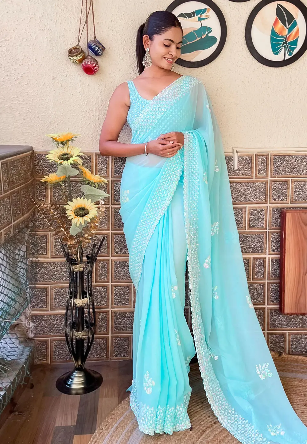 Sky Blue Georgette Saree With Blouse 303447