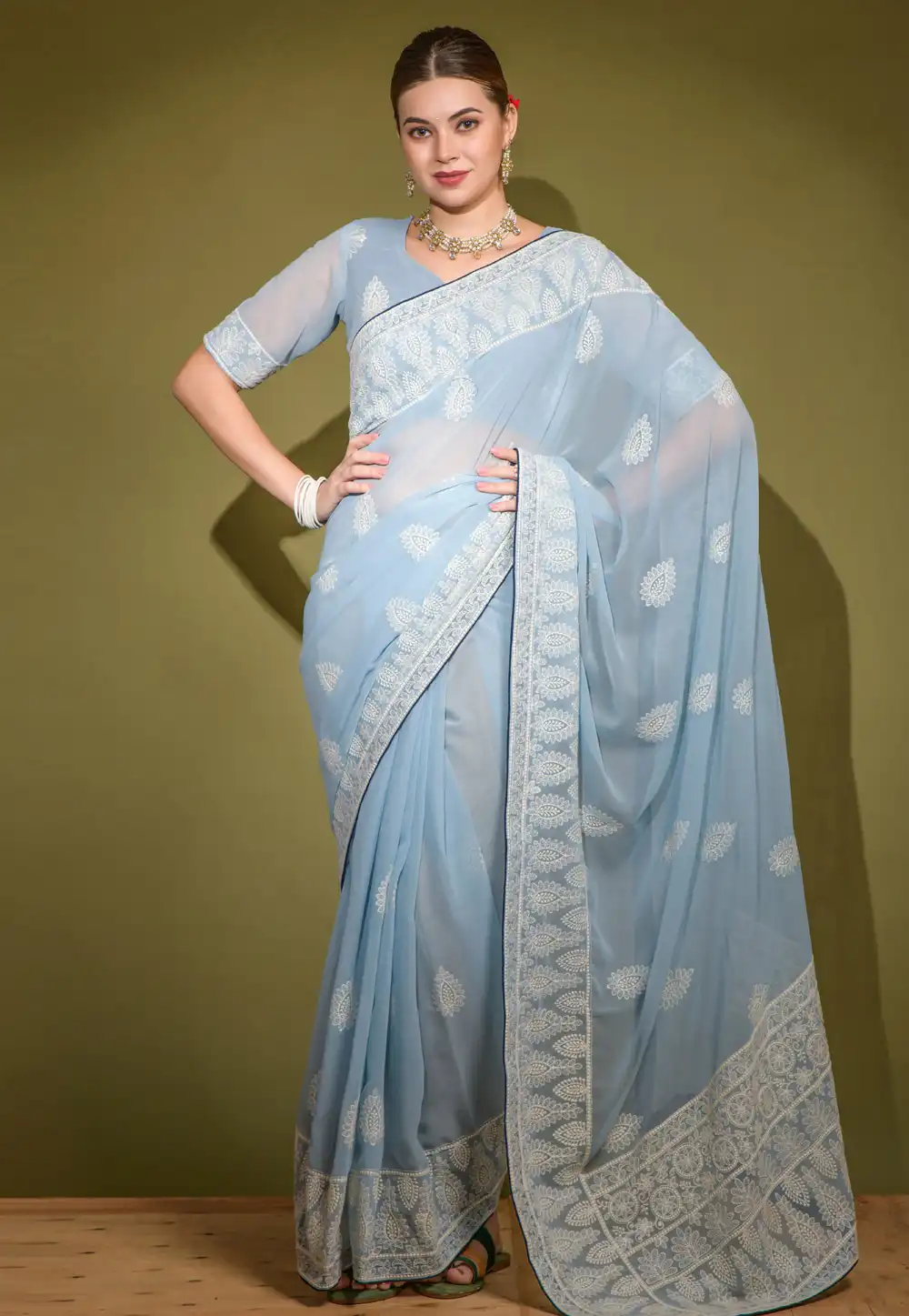 Sky Blue Georgette Saree With Blouse 291475