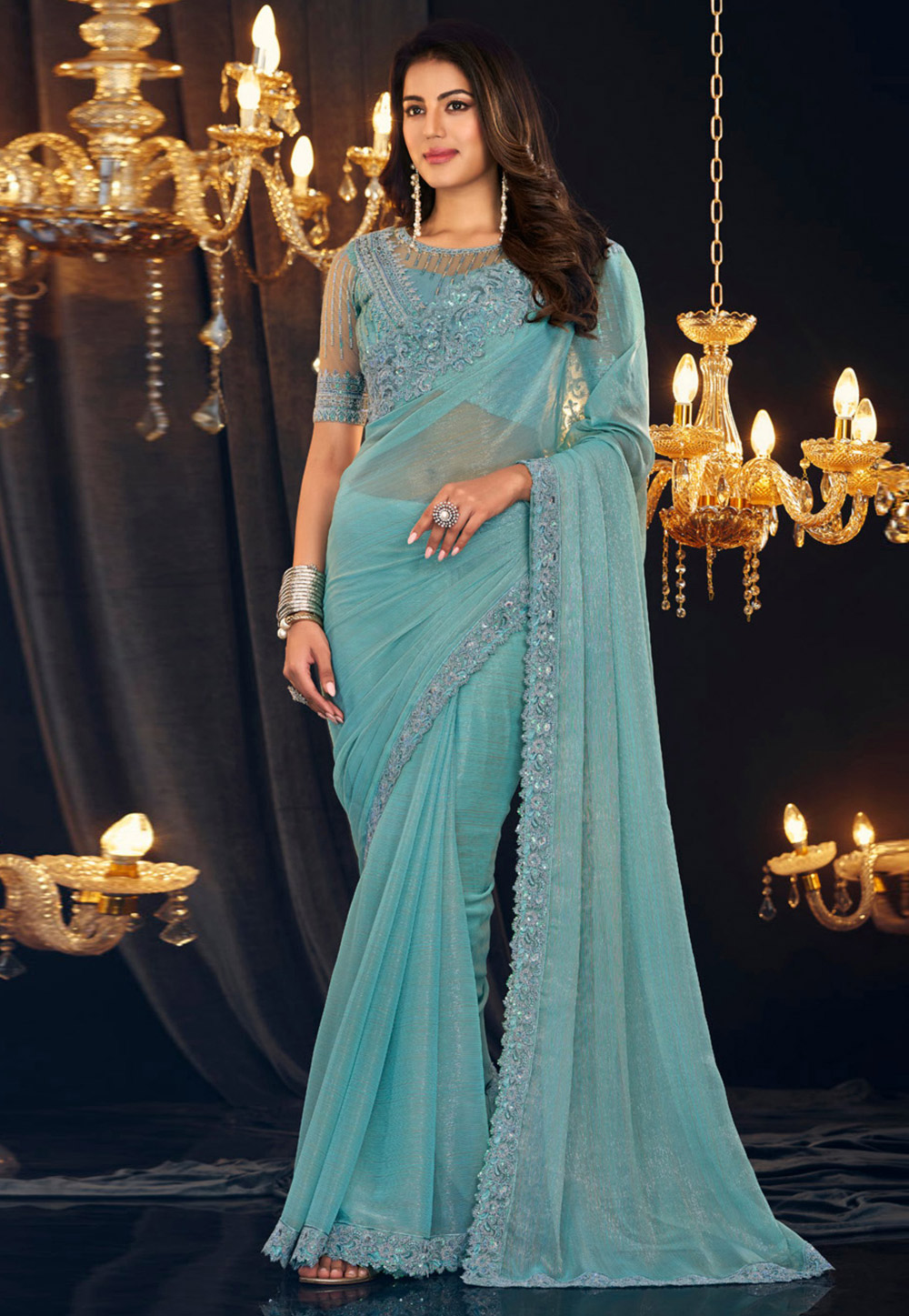 Sky Blue Georgette Shimmer Saree With Blouse 286512