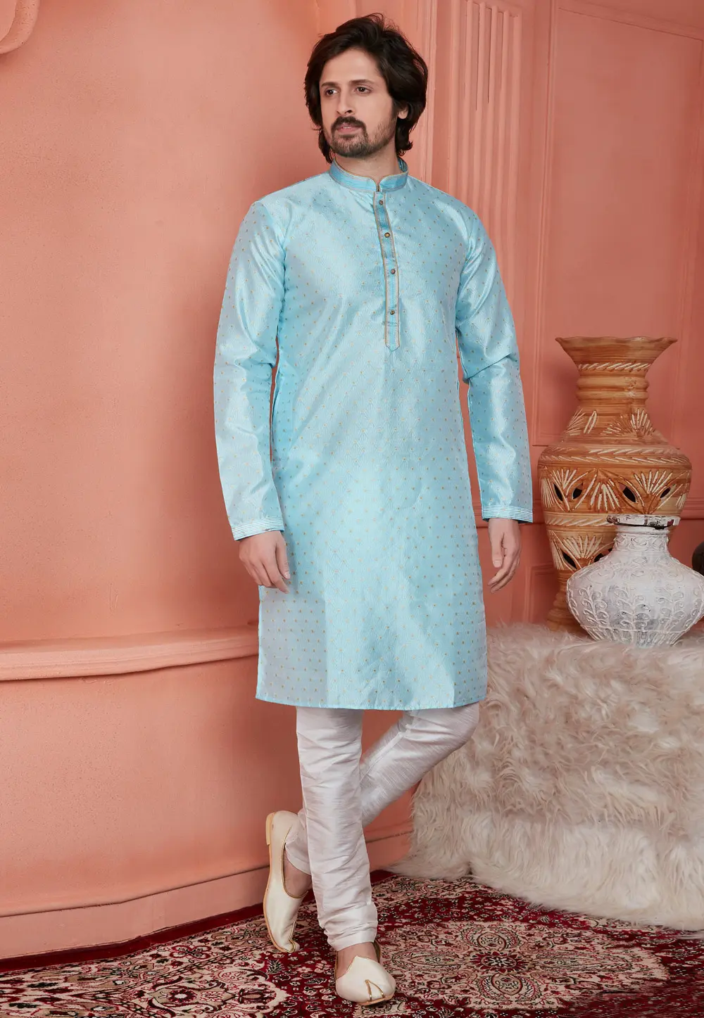 Sky Blue Jacquard Banarasi Kurta Pajama 304307