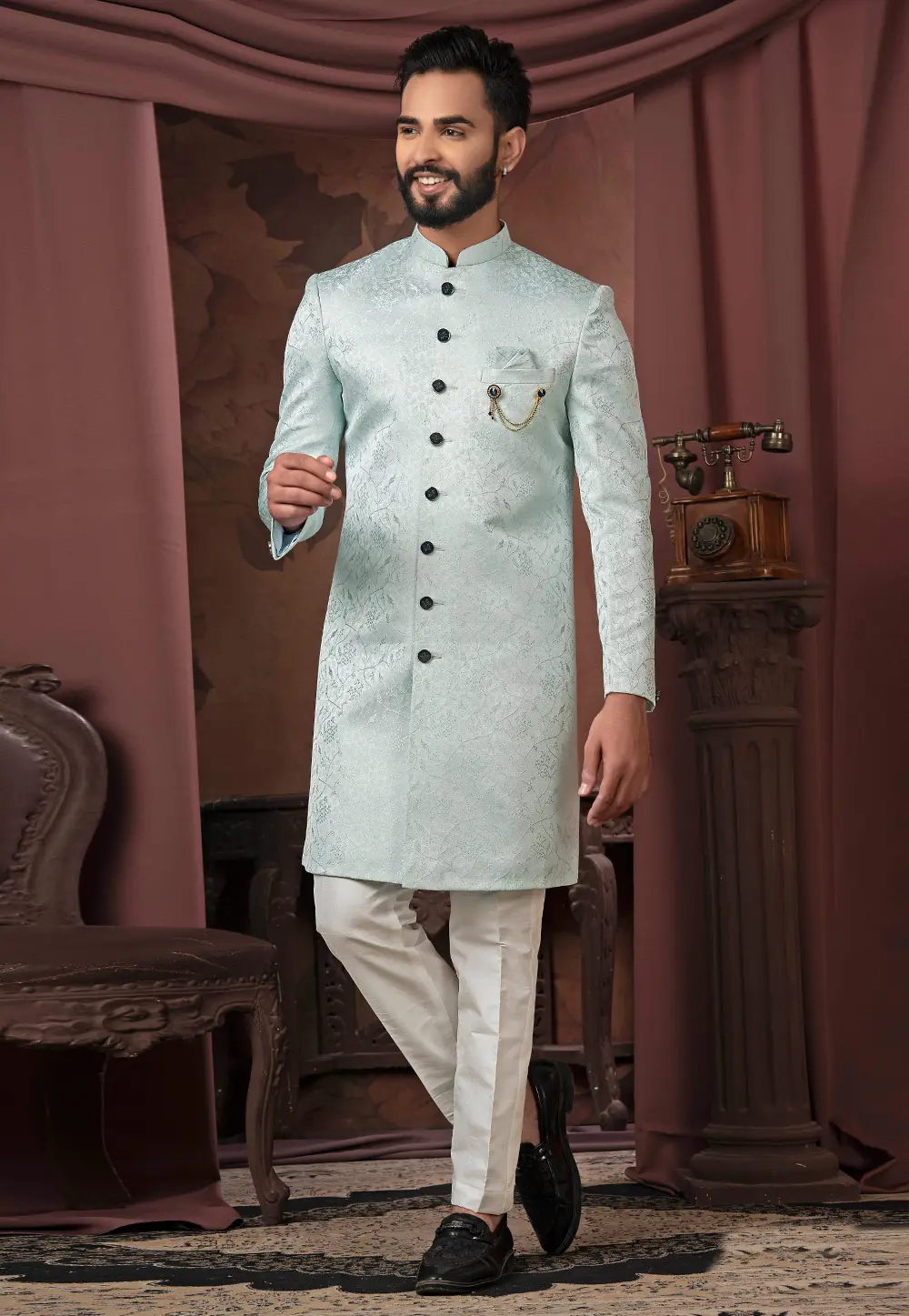 Sky Blue Jacquard Indo Western Sherwani 302471