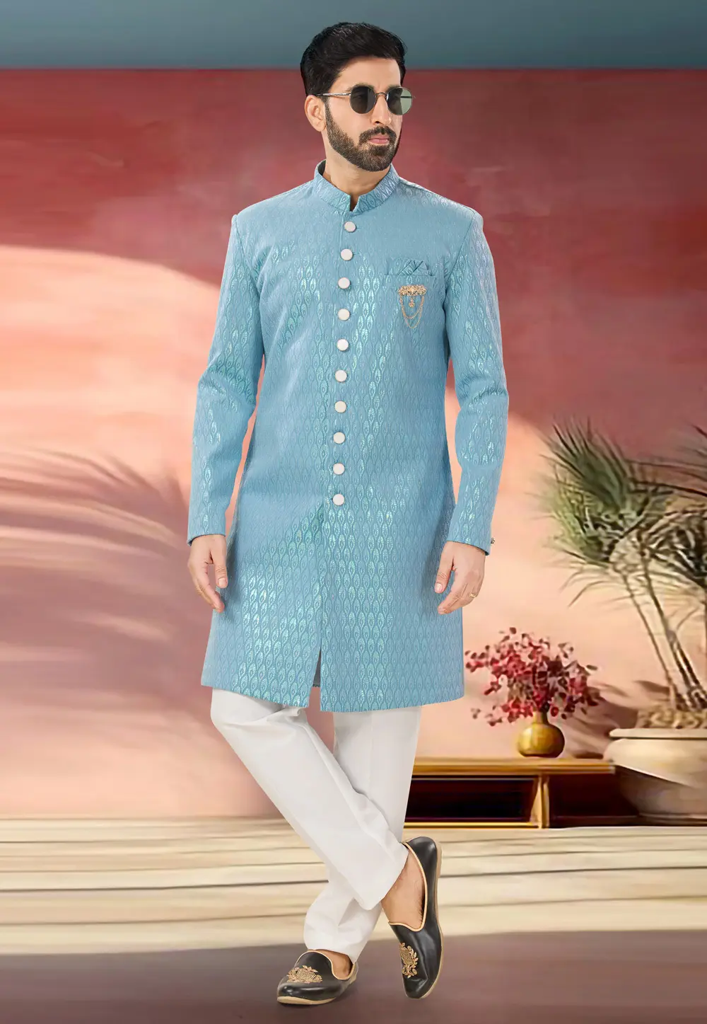 Sky Blue Jacquard Indo Western Sherwani 301878