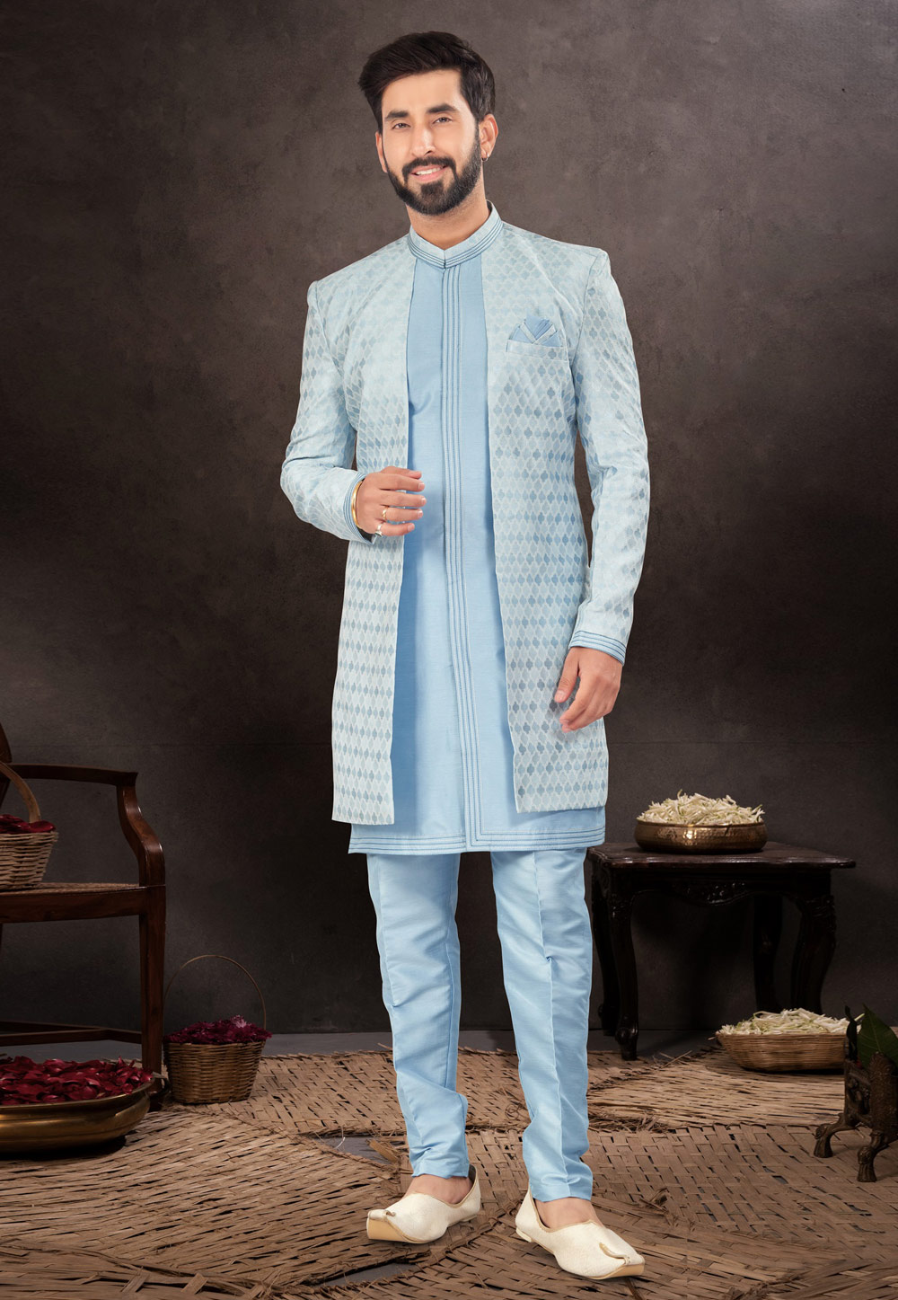 Sky Blue Jacquard Indo Western Suit 283980
