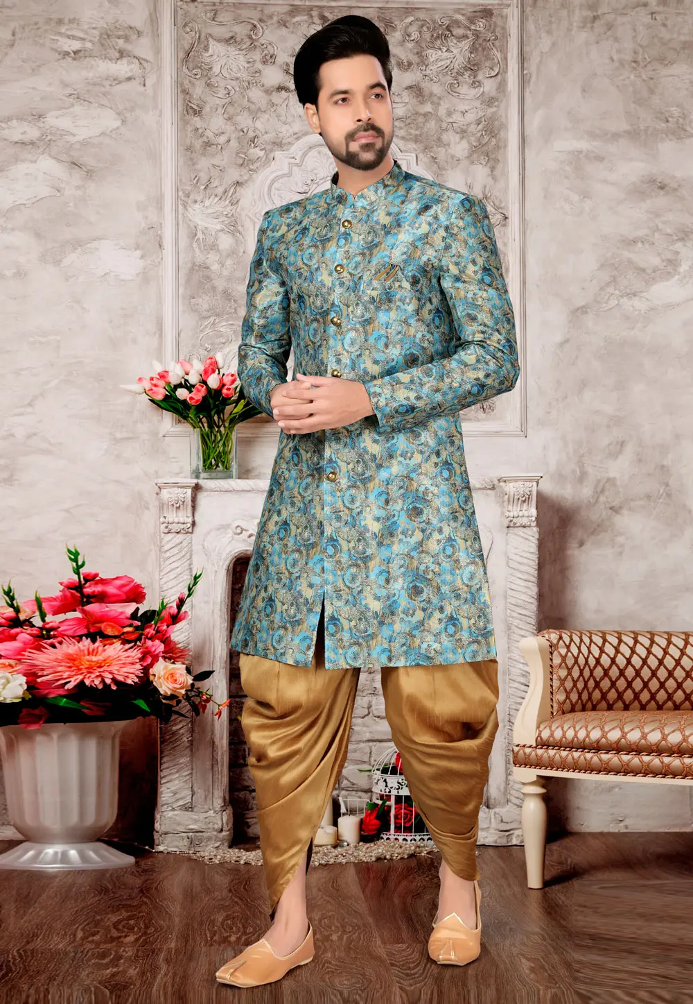 Sky Blue Jacquard Indo Western Suit 302946