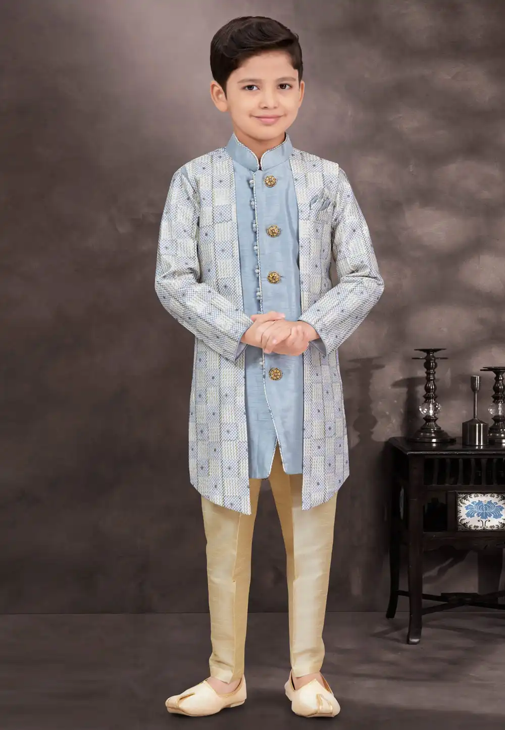 Sky Blue Jacquard Kids Indo Western Suit 293001