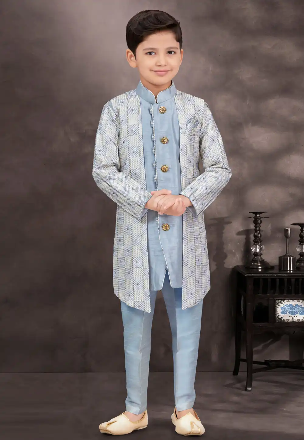 Sky Blue Jacquard Kids Indo Western Suit 294974