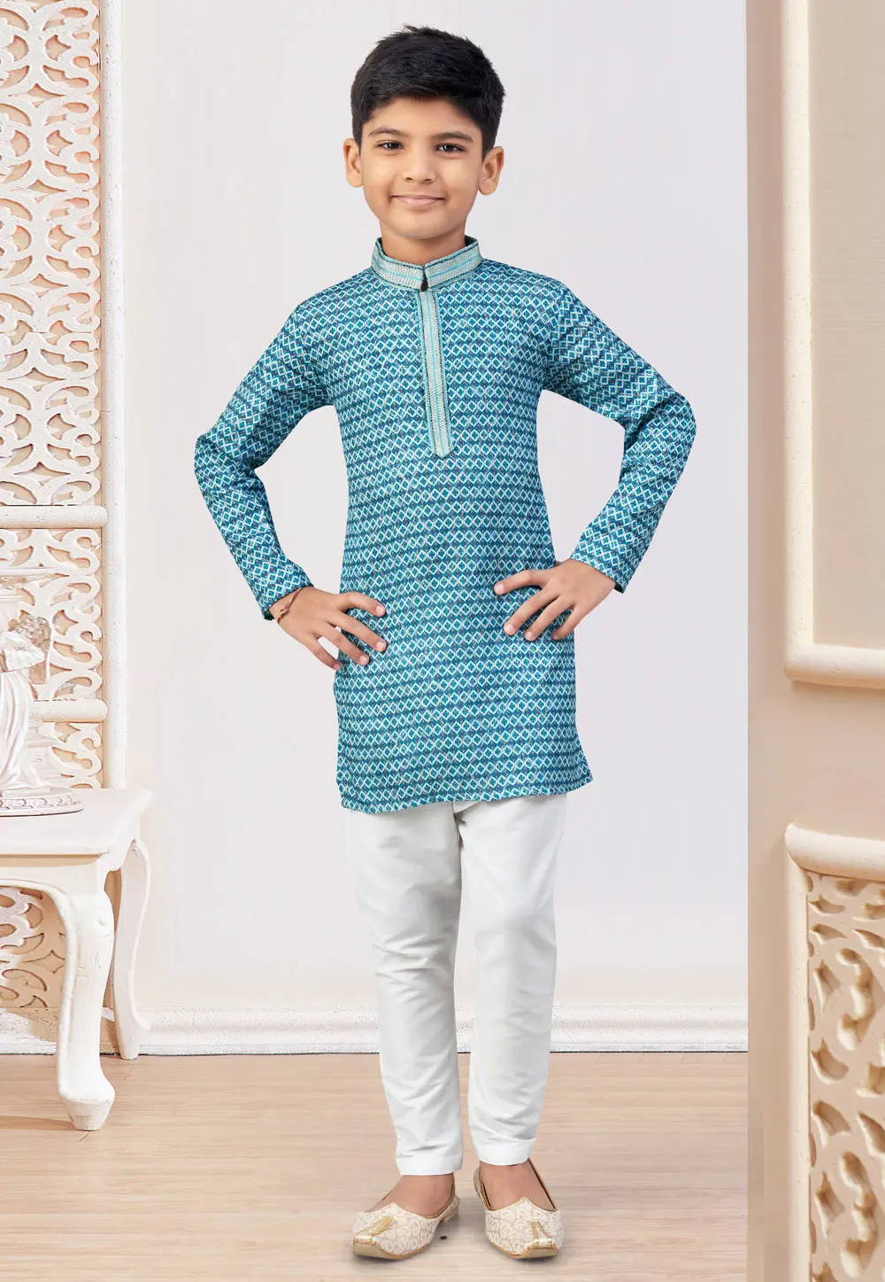 Sky Blue Jacquard Kids Kurta Pajama 301350