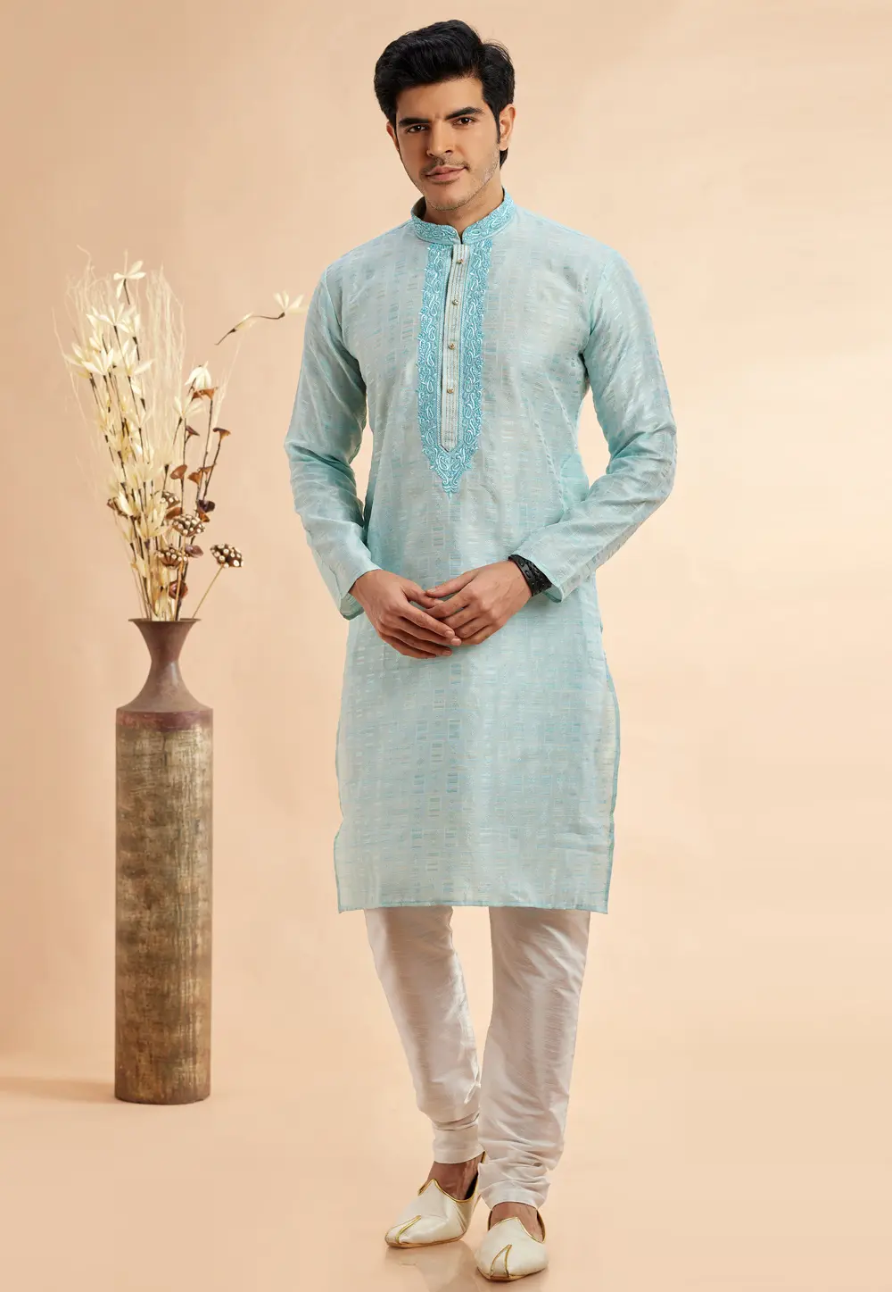 Sky Blue Jacquard Kurta Pajama 297485